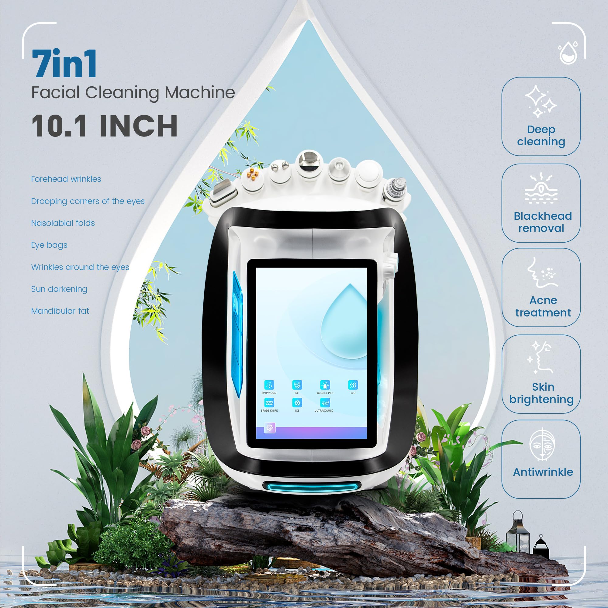 Hydrodermabrasion Gesichtspflegegerät 7 in 1, 10,1 Zoll Touchscreen, 14 Sprachen, RF, Bio RF, Ultraschall, Kältehammer, Spatel und Sauerstoffspray