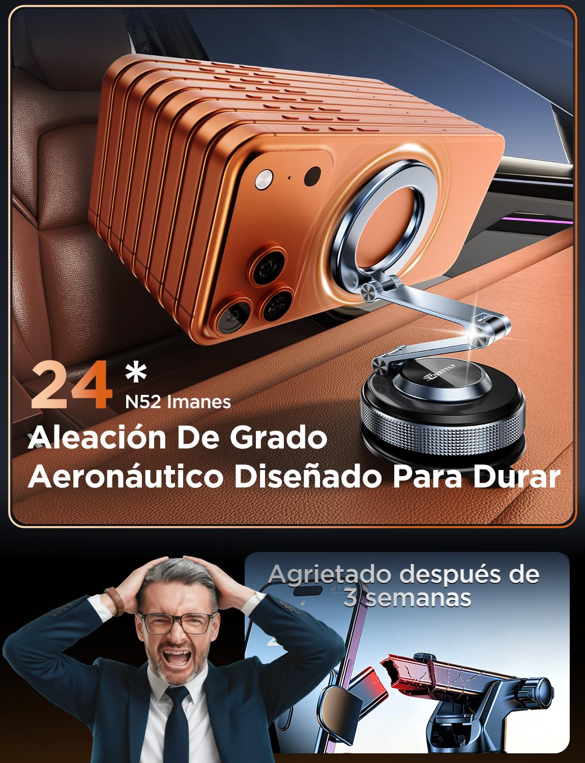 MSXTTLY Soporte Móvil Coche – Vmag S3 2026 Soporte Magnético al Vacío con Imanes Potentes y Brazo Doble de Aleación, Compatible con iPhone 17 Pro MAX, iPhone 16–12 y Android (con Anillo Magnético)