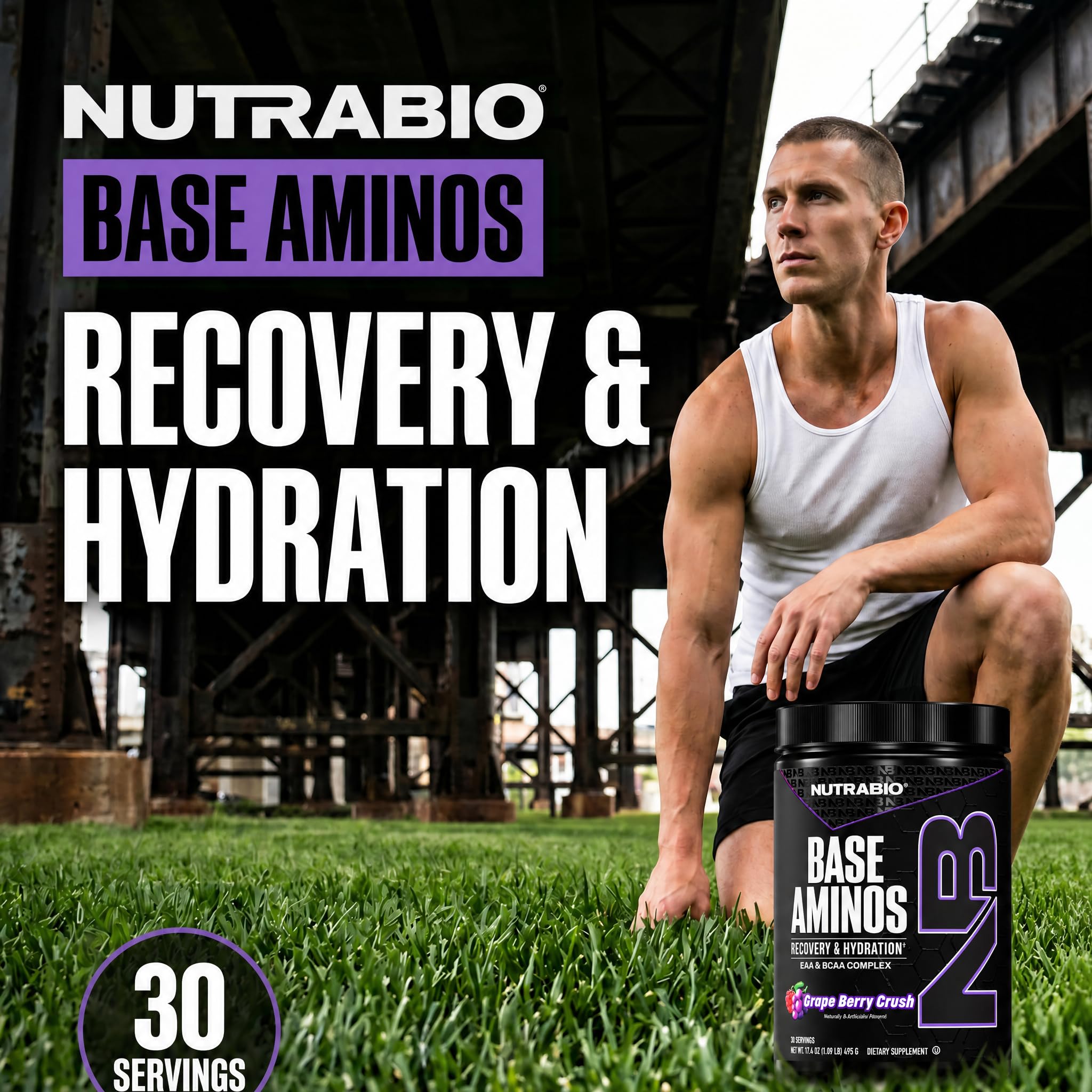 NutraBio Base Aminos EAA + BCAA Powder –10g Essential Amino Acids Supplement, 6g 2:1:1 BCAAs, 2.8g Hydration Matrix with Electrolytes & Absorption Enhancer AstraGin® – Grape Berry Crush — Amazon image 3