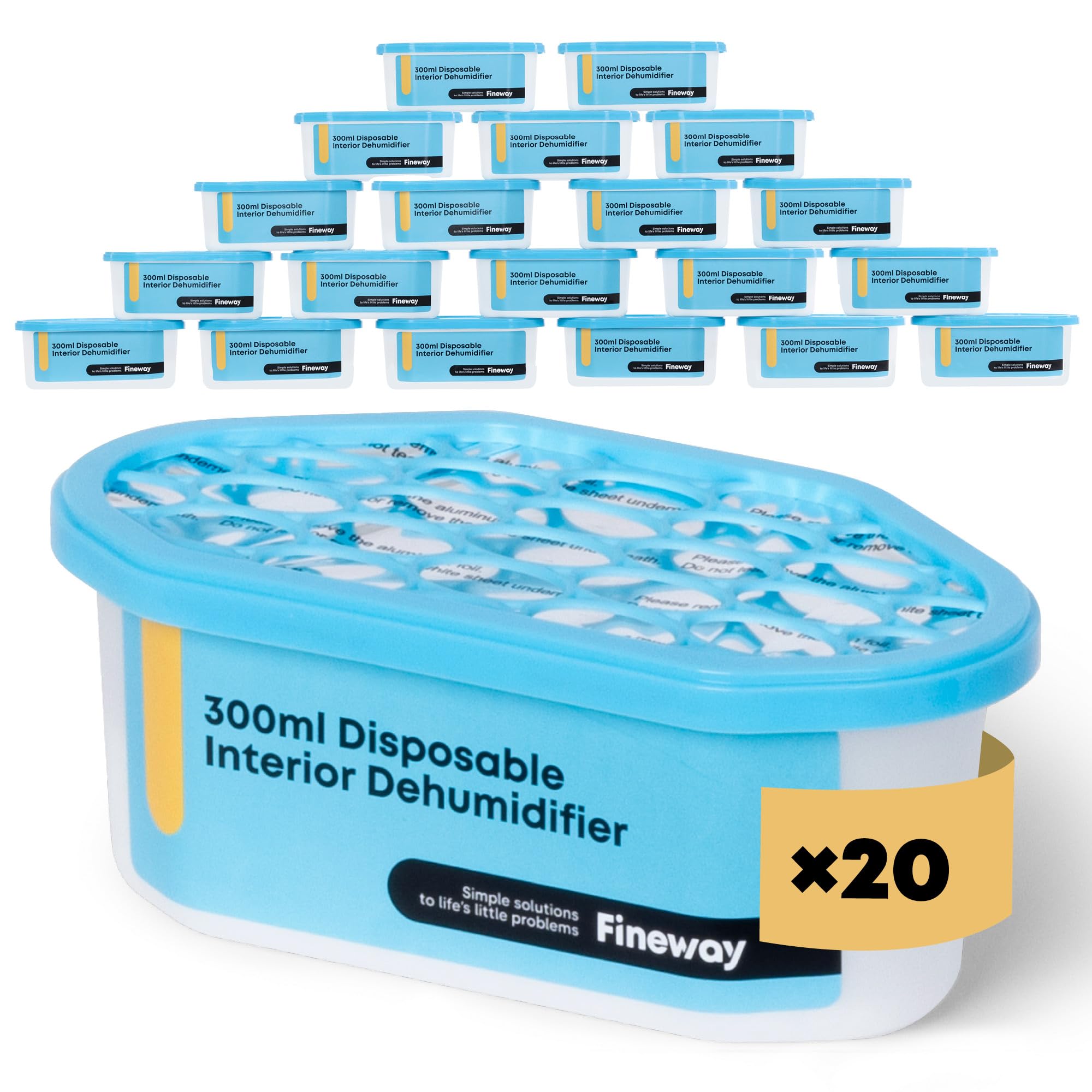 FineWay 300ml Disposable Interior Dehumidifiers - 20-Pack Moisture Absorber - Helps Stop Damp, Mildew, Mould and Condensation - Ideal Dehumidifier for Home, Kitchen, Wardrobe, Caravan, Garage