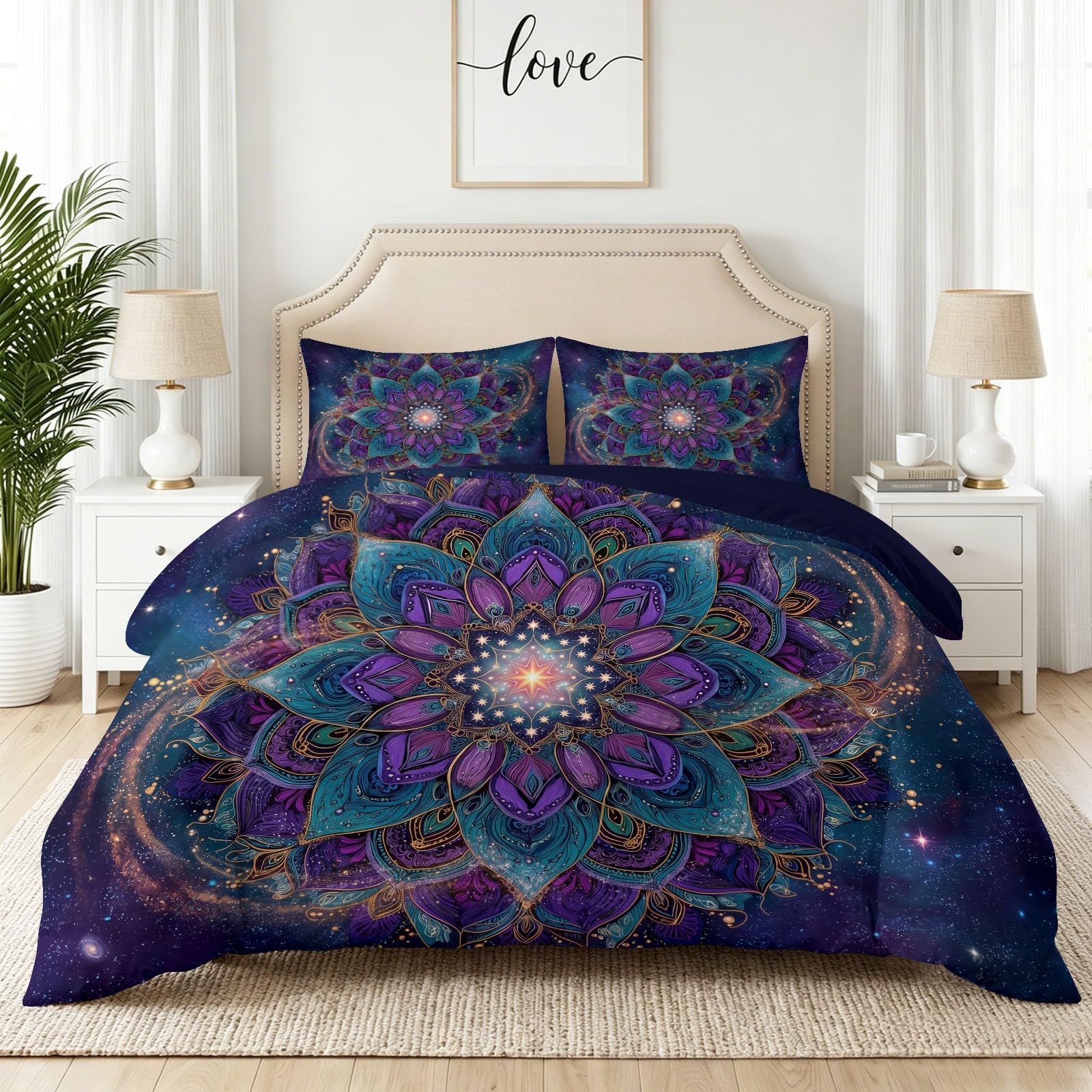 Housse de couette 220x240 cm mandala noir en microfibre avec 2 taies d'oreiller