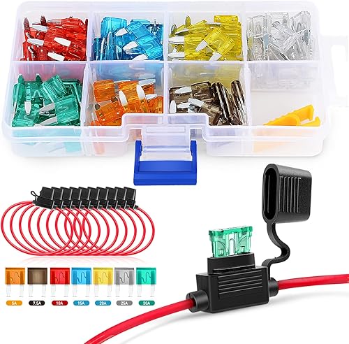 Nilight Juego surtido de 120 fusibles de hoja mini ATM/APM 5A/7.5A/10A/15A/20A/25A/30A AMP con 10 portafusibles en línea 14AWG ATC/ATO
