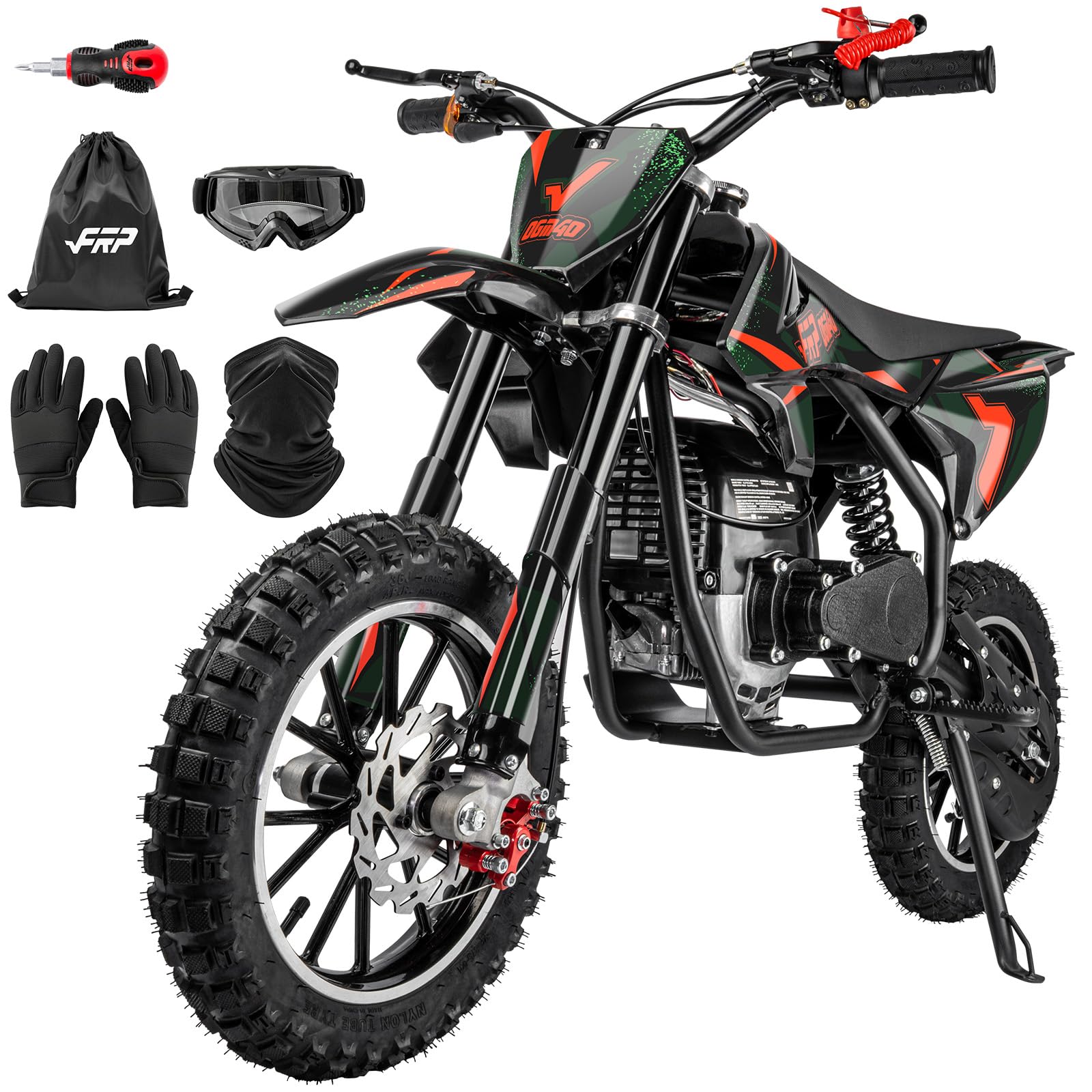 FRP FX40-Ogemaw Kids Dirt Bike 40CC 4-Stroke Gas Powered Off-Road Mini Motorcycle with Goggles, Gloves & Neck Gaiter, Dual Disc Brakes, 20 MPH Max Speed, 132 LBS Weight Capacity (Black)