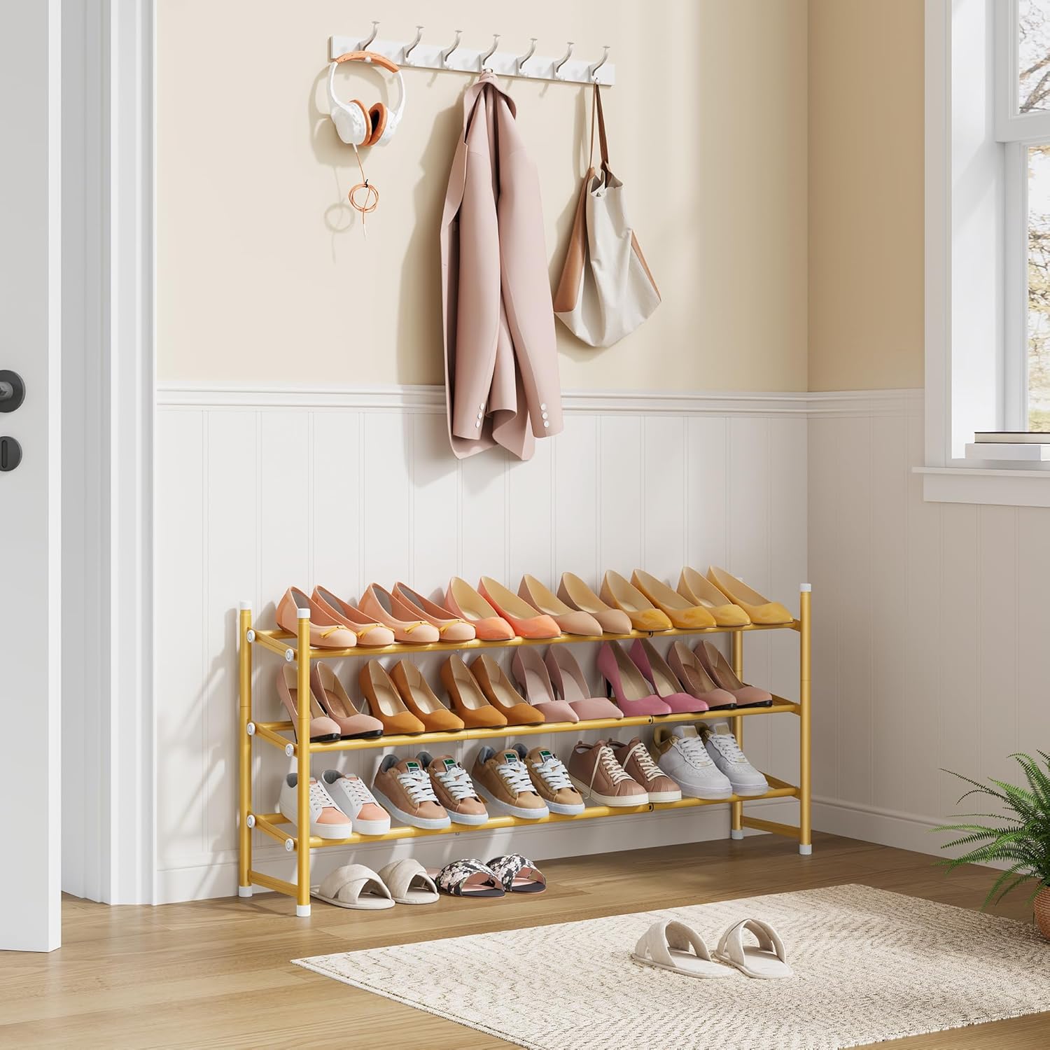 tajsoon expandable shoe rack for closet 3 tier, 28“-41“adjustable & stackable shoe shelf storage, metal shoe rack organizer for front door entrance, closet, garage, entryway, gold gold 3 tier