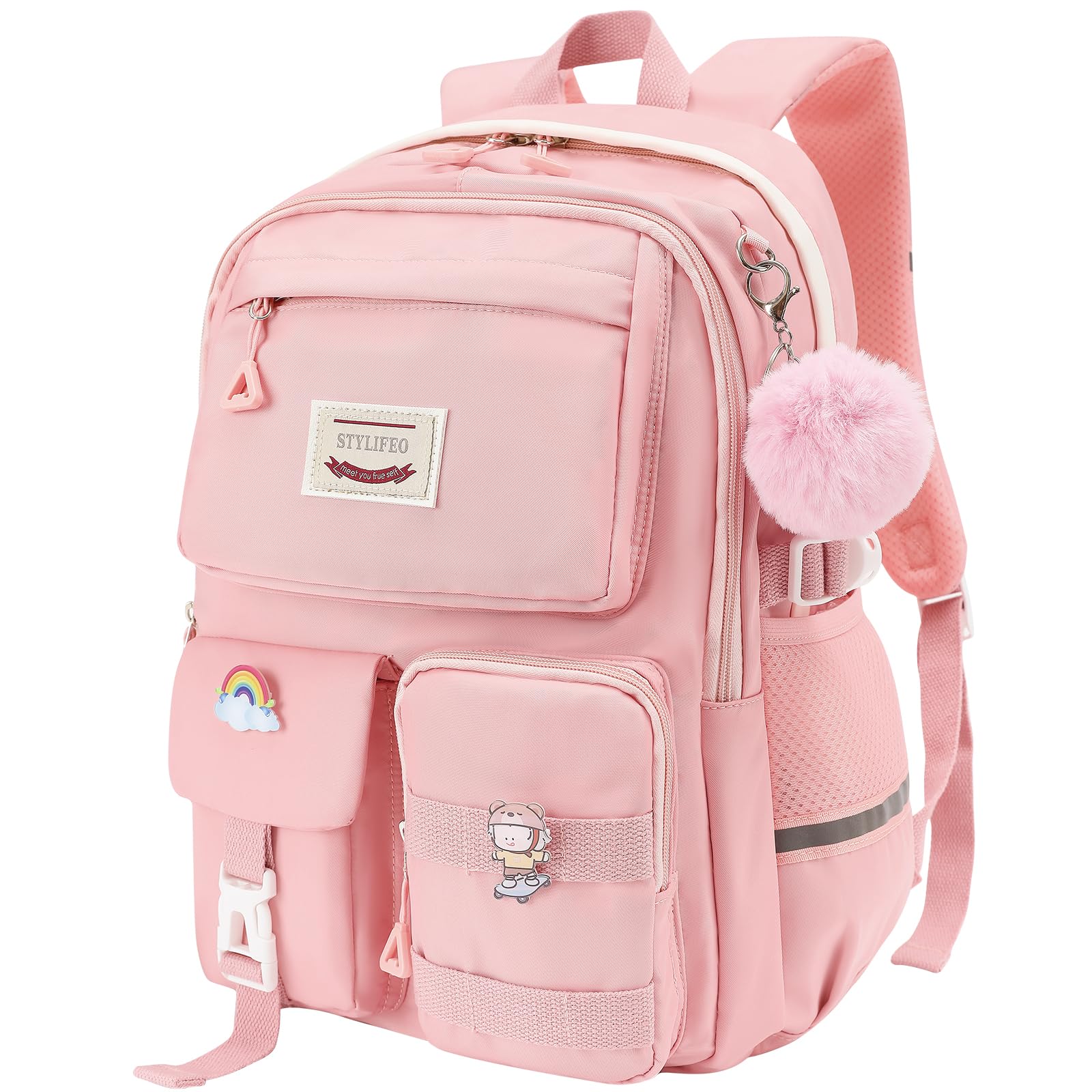 StylifeoKawaii Girls Backpack for School Cute Teenage Bookbag With Multiple Pockets for Primary Elementary High School,Pink