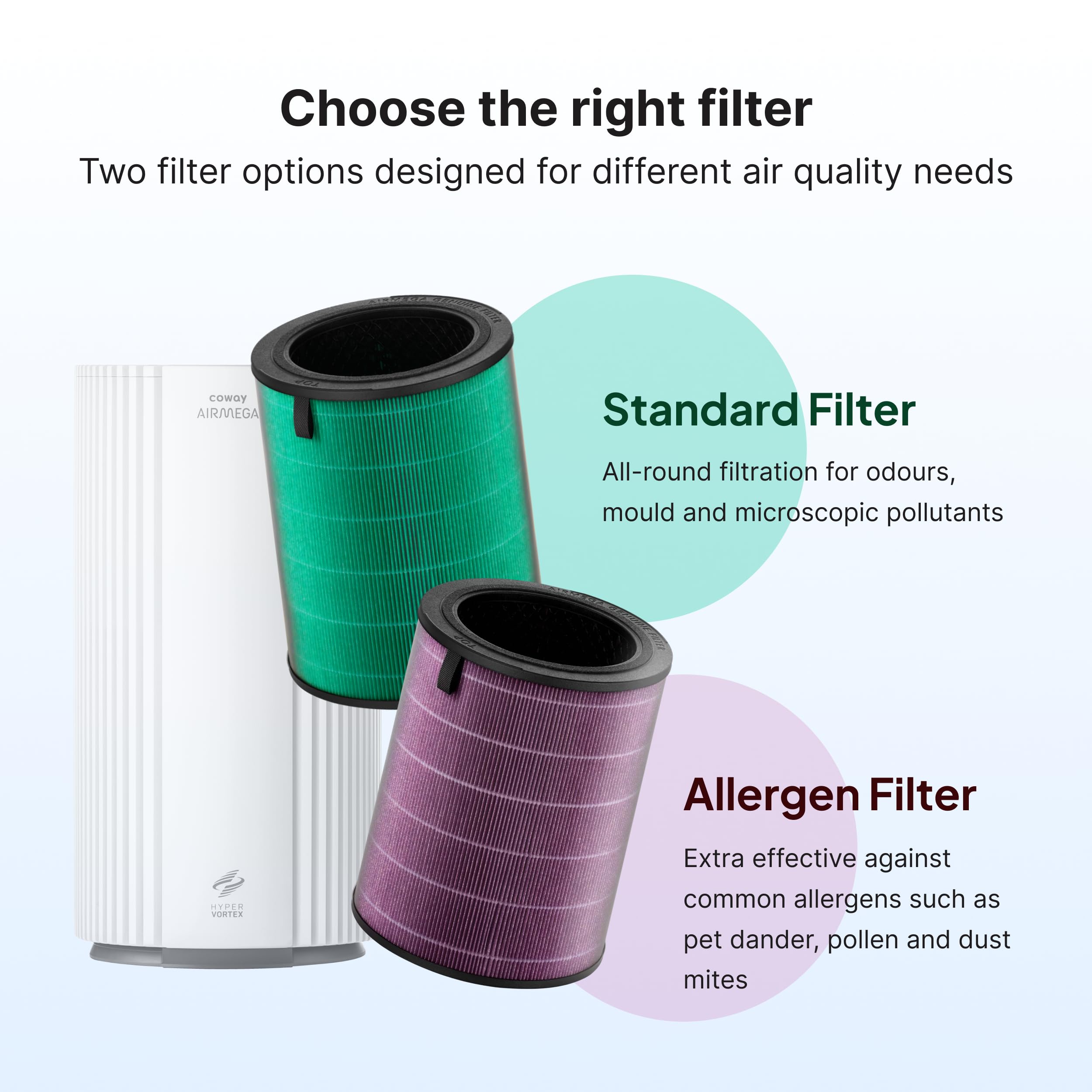 Juego de filtros de recambio originales COWAY Airmega: prefiltro, filtro HEPA y filtro de carbón activo. Elimina el polvo, los olores y los COV. Paquete estándar de filtros 3 en 1 (Allergen Plus)