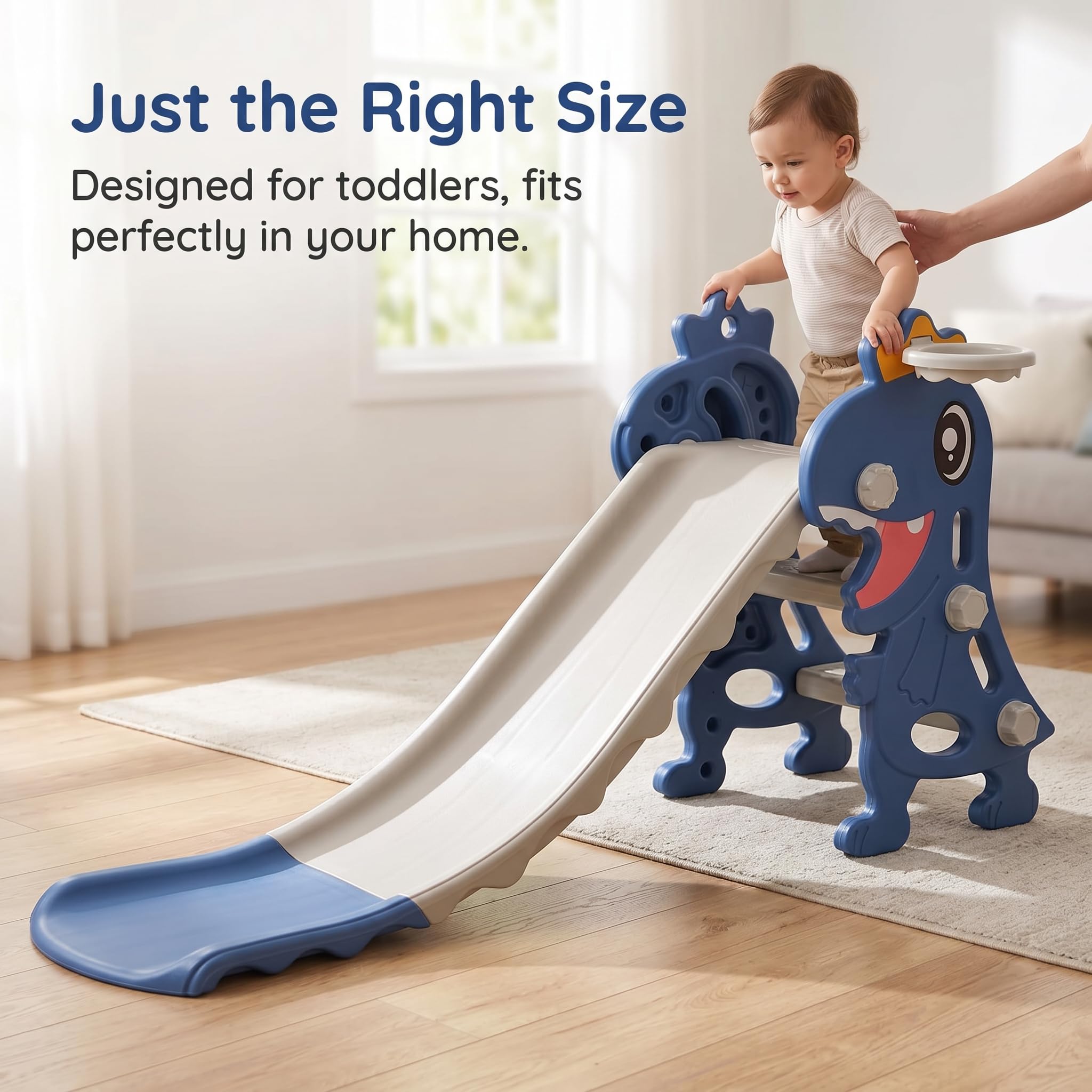 Scivolo per Bambini Pieghevole con da Basket e Palla - Scivolo Dinosauro in Plastica per Bambini 3-6 Anni, Rosa