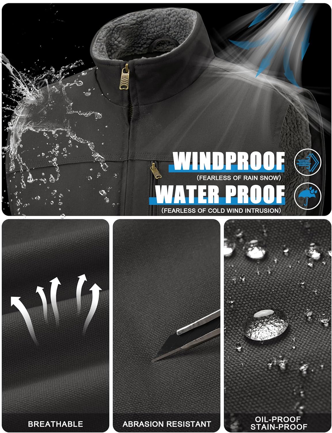 Cotrasen Men's Vest Cotton Work Vest Sherpa Lined Casual Outerwear Fleece Warm Sleeveless Jackets - Image 3