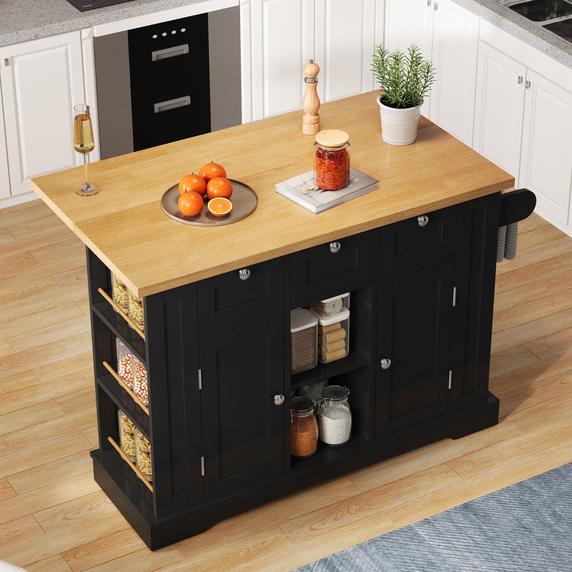 Isla De Cocina con Encimera Cocina Plegable y Enchufe de Carga, Armario con Cajones y Puerta, Muebles de Salon con Almacenamiento Abiertos, Mueble Auxiliar para Comedor, 132x87x70 cm (Negro)