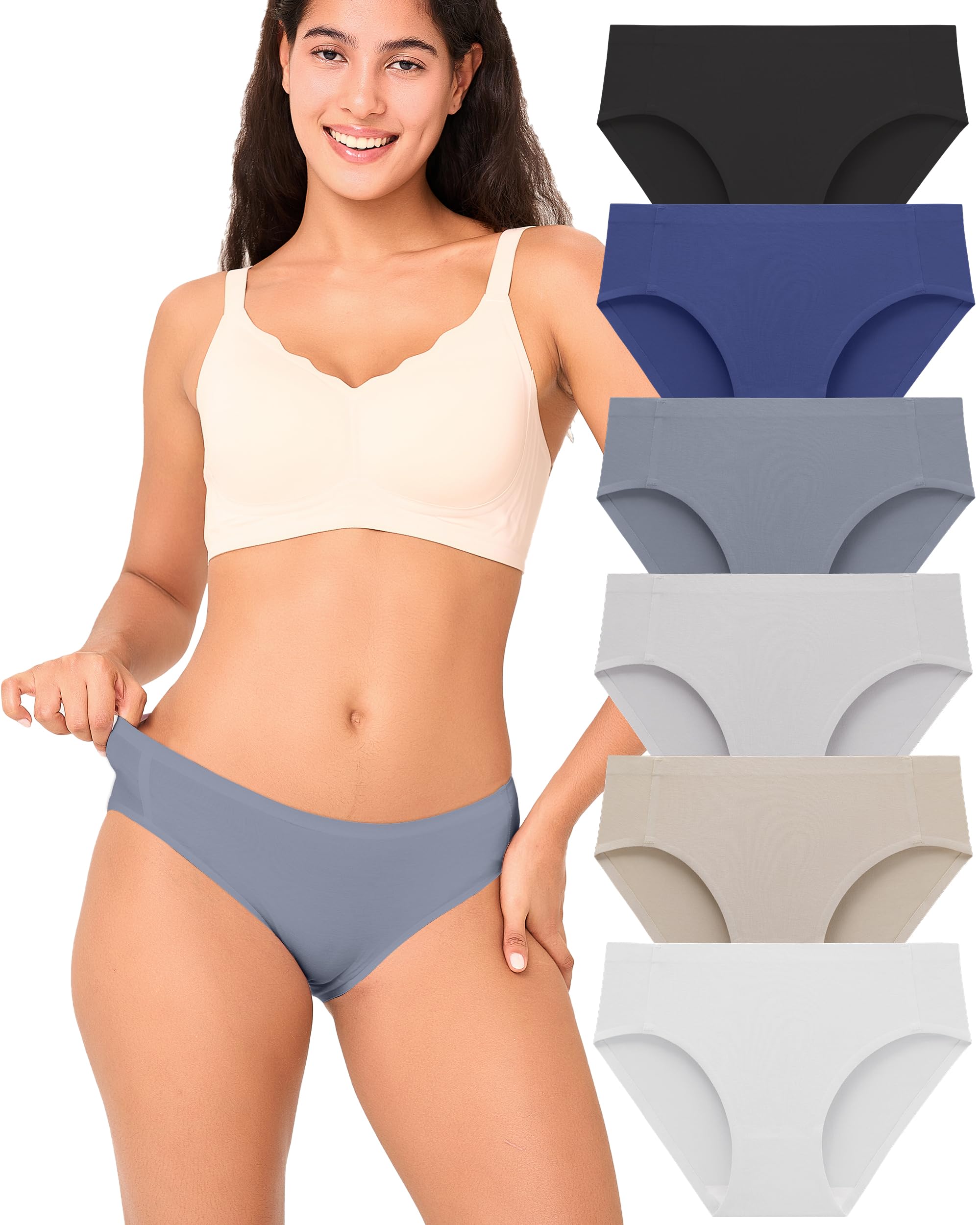 BAMBOO COOL Women's No Show Bikini Seamless Underwear for Women Low Waisted Non-marking Stretch Panties Full Coverage，6 Pack