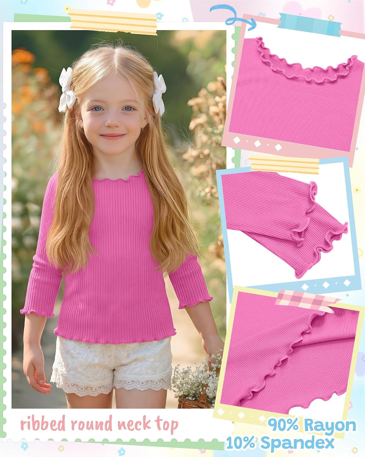 3 Pack Girls' 3/4 Sleeve T Shirts Kids Ribbed Knit Crewneck Lettuce Trim Cute Slim Summer Casual Basic Tee 5-14 Y
