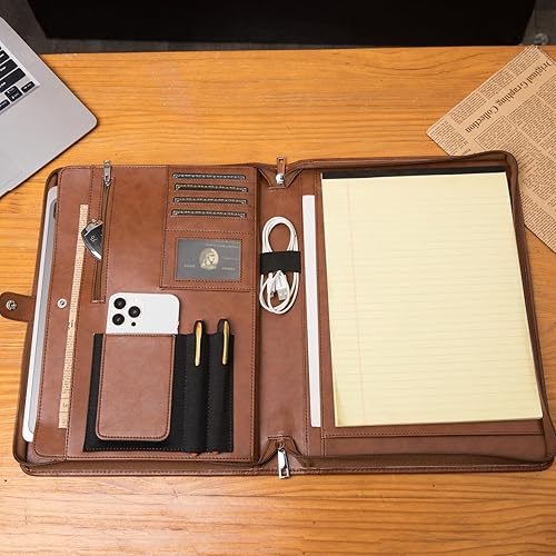 Miniatura 6 de Cartera de cuero vegano con soporte para bloc de notas de 8.5 x 11 pulgadas y bolsillo para laptop de 13.3 pulgadas, organizador de carpetas de