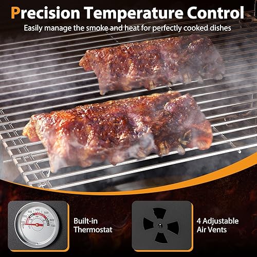 Miniatura 4 de Ahumador de carbón para exteriores, ahumador vertical para barbacoa con termostato, 2 puertas de acceso, 2 rejillas de cocción, 2 sartenes