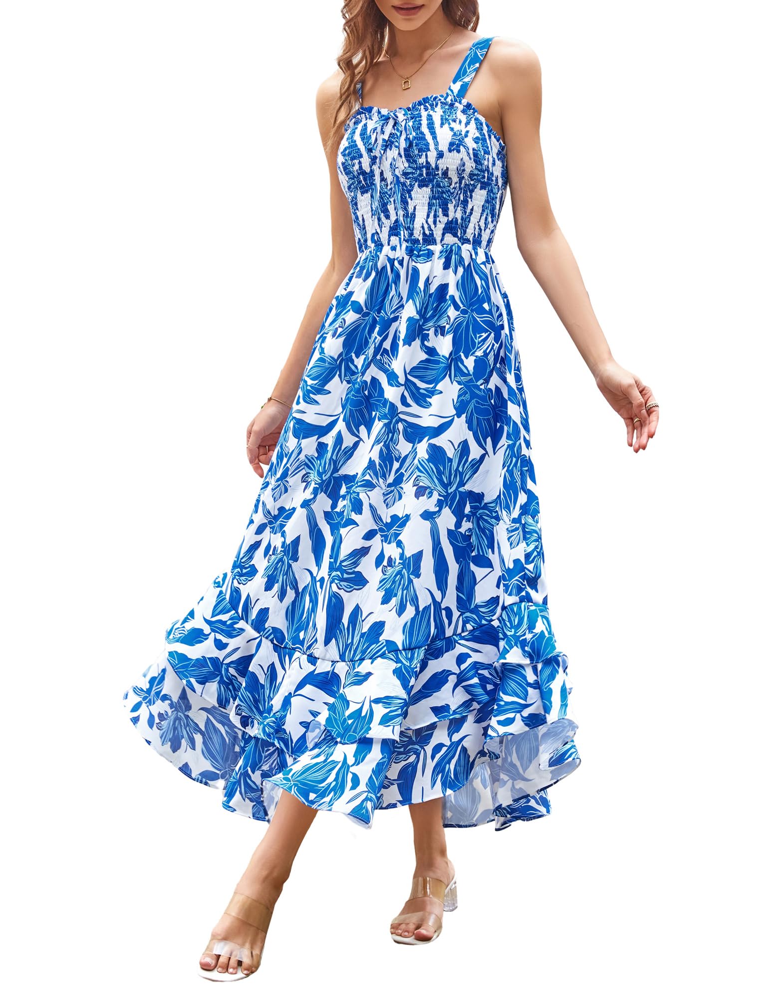 GRACE KARIN Women's 2025 Summer Floral Boho Dress Square Neck Strapped Swing A Line Sundress Beach Long Maxi Outfits