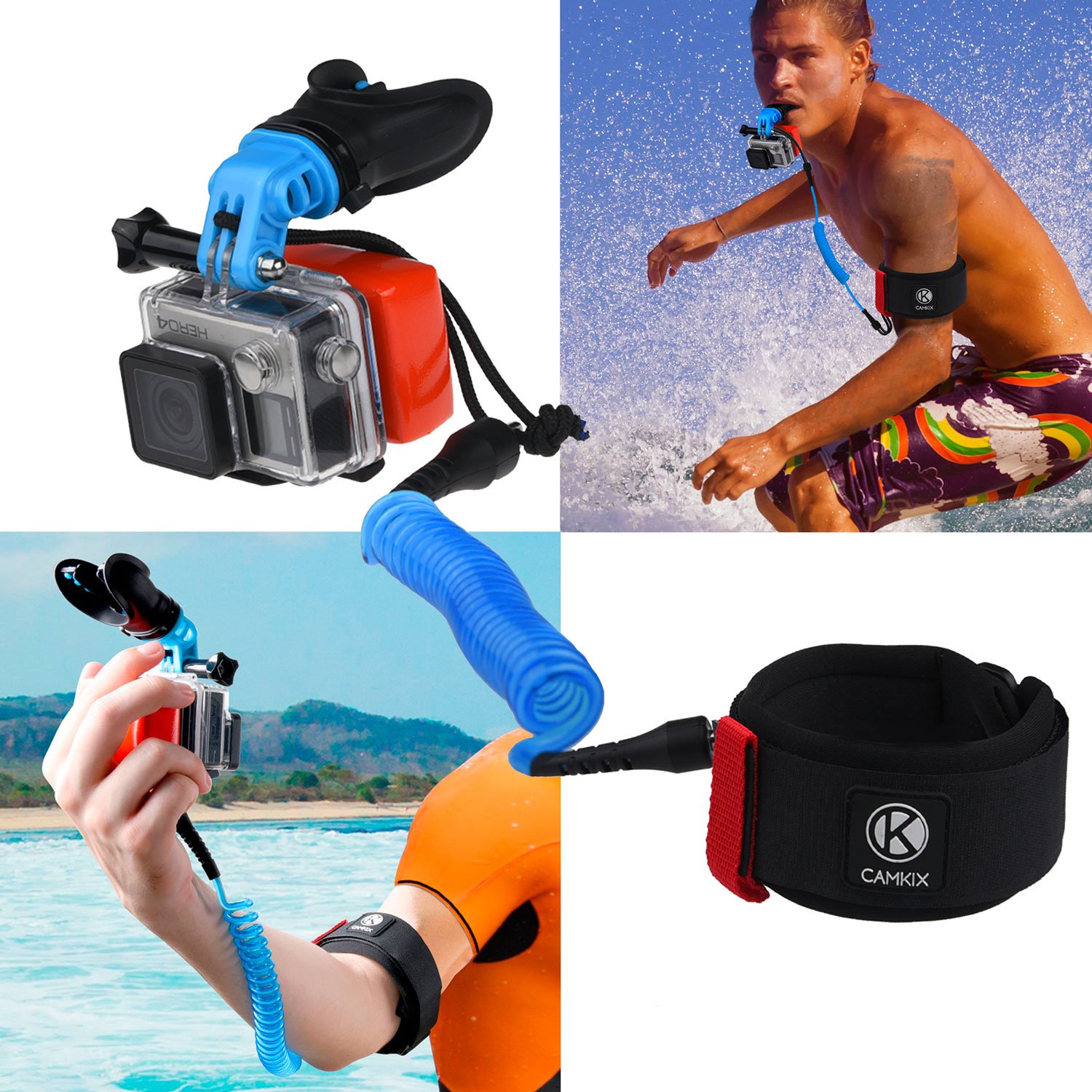 CAMKIX Surf Embout de Bouche et la Courroie de Bras Compatible avec Tous Les caméras GoPro Hero et Autres caméras avec Support Compatible - Mains Libres pour Les Sports d'action d'eau