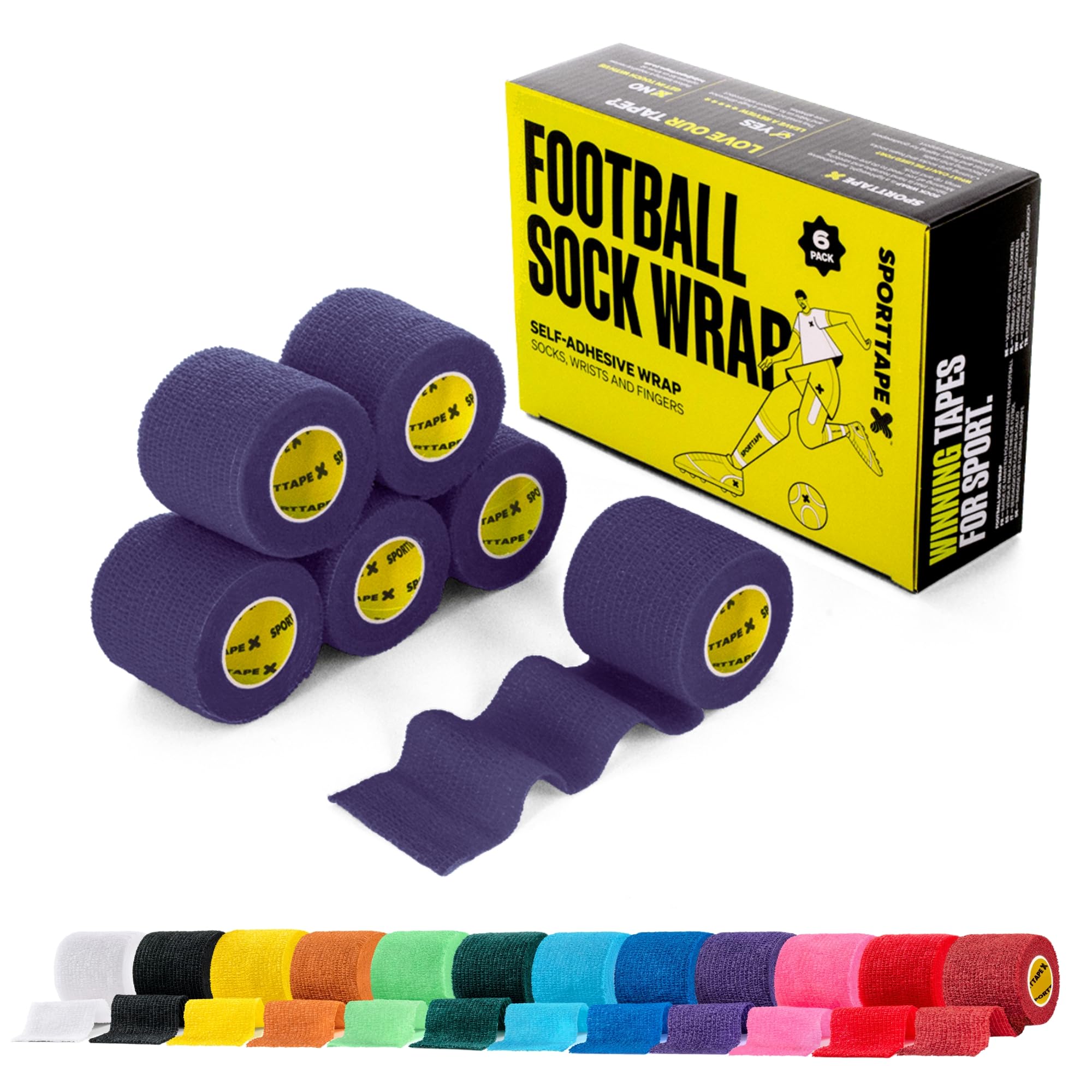 SPORTTAPE 6 Rolls Football Sock Tape, 5cm x 4.5m, Purple - Self-Adhesive Cohesive Bandage, Compression Wrap & Sports Stretch Tape for Ankles, Joints, Socks, Vet, Pet Wrap for Dogs and Horses