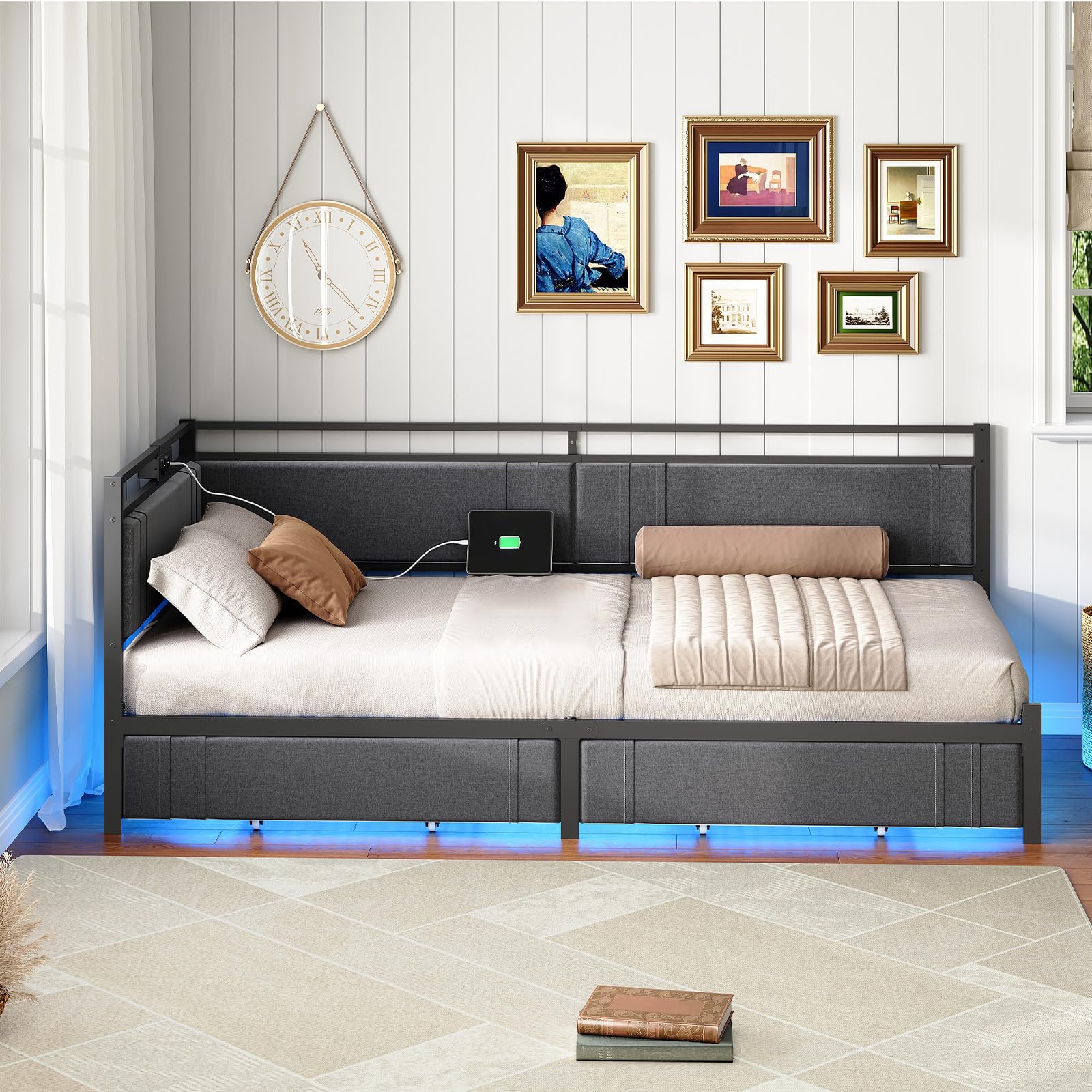HOOBRO Polsterbett Schlafsofa 90x200, Jugendbett mit LED-Beleuchtung und USB-Ladestation, Tagesbett mit 2 Schubladen und Lattenrost, Gästebett, Einzelbett, Grau und Schwarz EBG81CDBF01