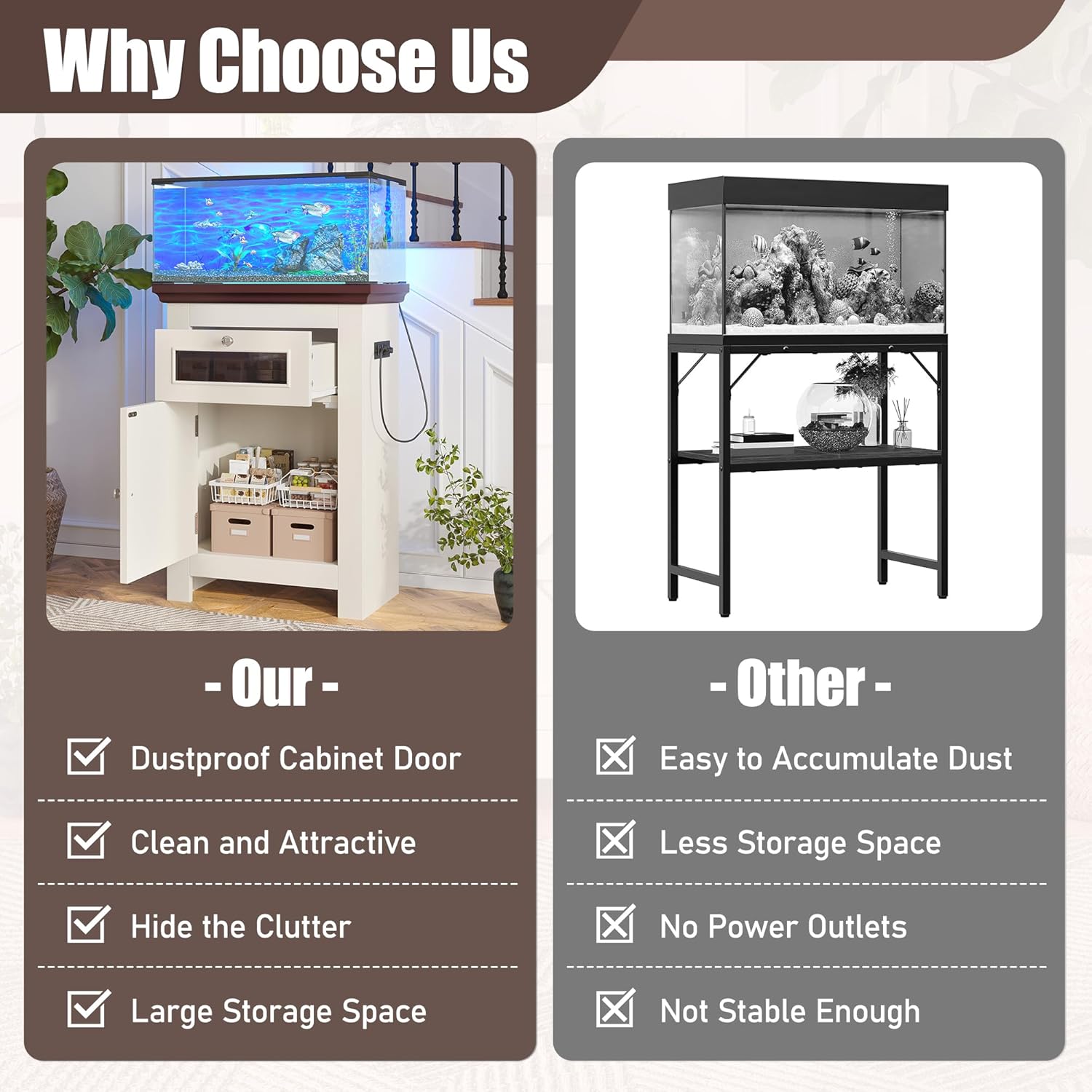 10-15 Gallon Aquarium Stand With Power Outlets, Farmhouse Fish Tank Stand, Reptile and Terrarium Stand with Drawer and Cabinet Storage, Sturdy Heavy Duty 20.4" 12",White