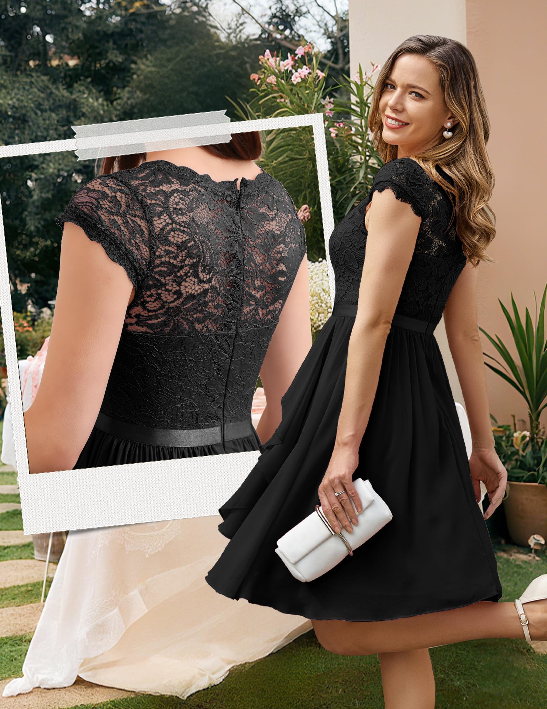 Wedtrend Robe Demoiselle d'honneur Femme en Mousseline Dentelle Elégant Chic pour Soirée et Mariage WT0212 Black L