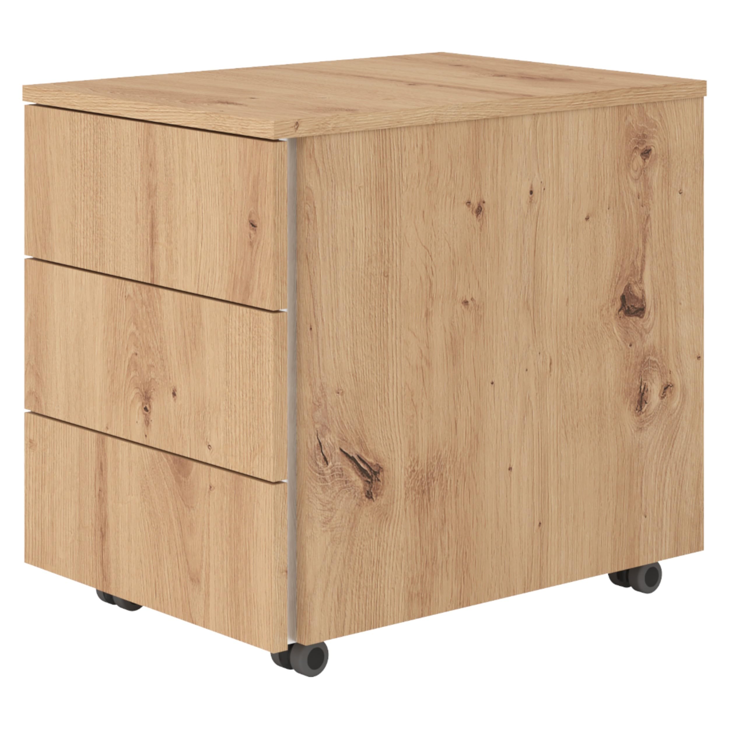 bümö lite Rollcontainer mit Schubladen, Container aus Holz in Asteiche - Rollwagen für's Büro als Schreibtisch Unterschrank, Bürocontainer od. Schreibtischcontainer mit Seitengriff