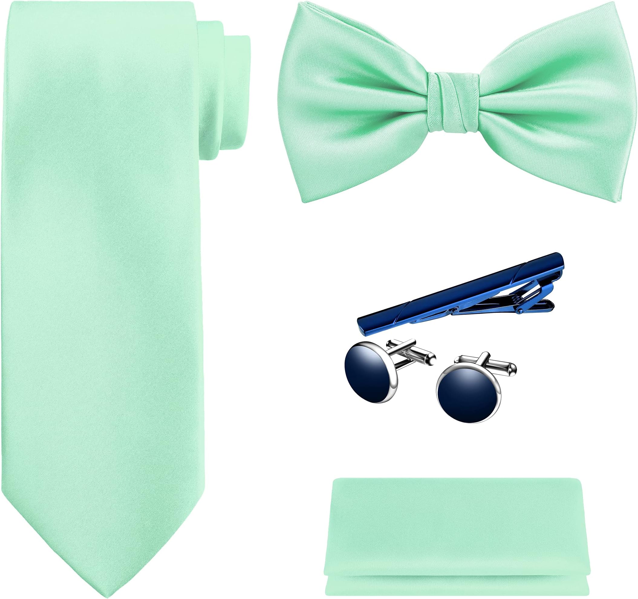 Tie G U StyleTIE G 5pcs Tie Set in WHITE OR BLACK GIFT BOX: Solid Color Necktie, Satin Bow Tie, Pocket Square, Lapel, Cuff Links