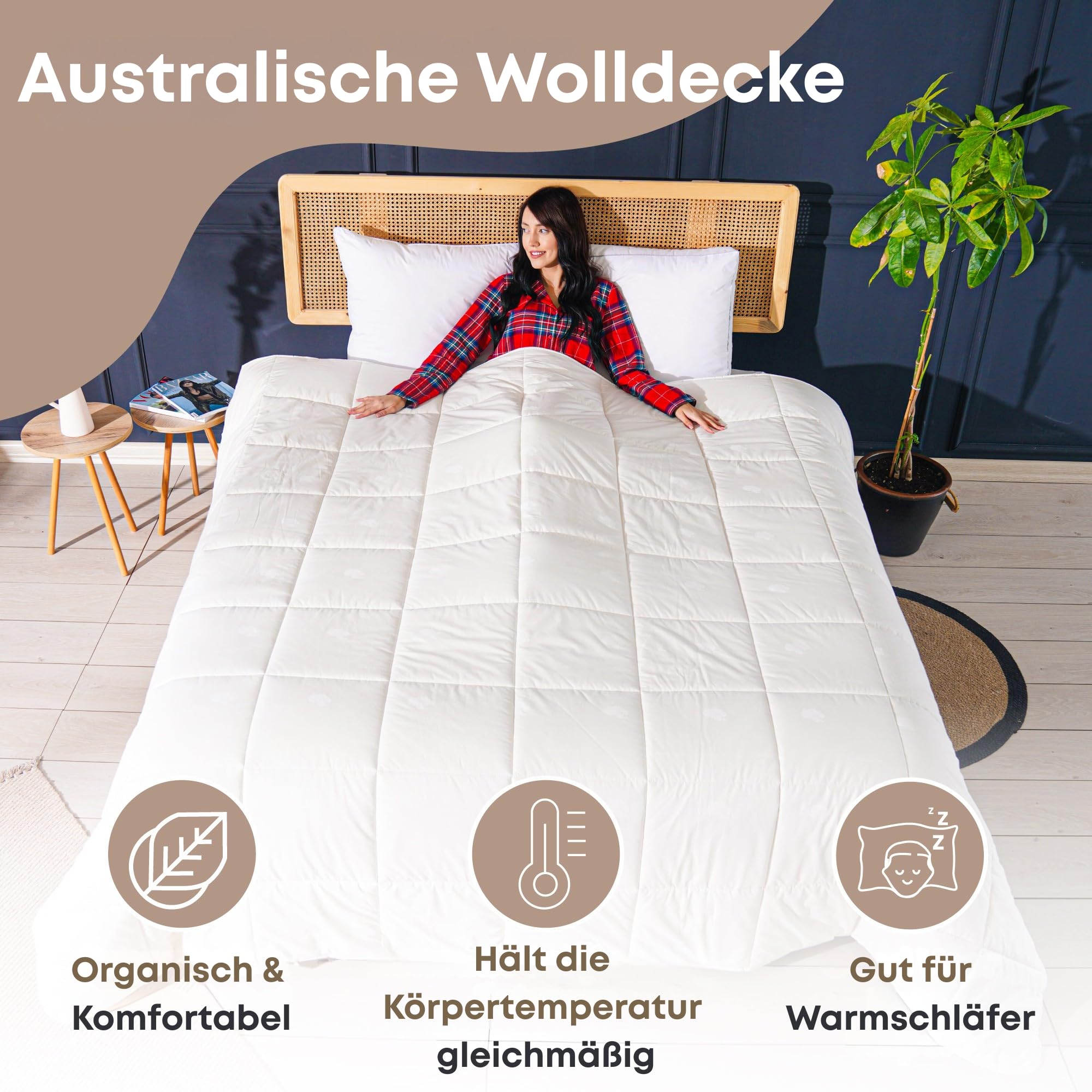SLEEP COMFY 3-in-1 Ganzjahresdecke 100% Australischer Schurwolle, Allergikerfreundliche & Leichte Woll­Steppdecke 240x220cm, Oeko-TEX Zertifiziert