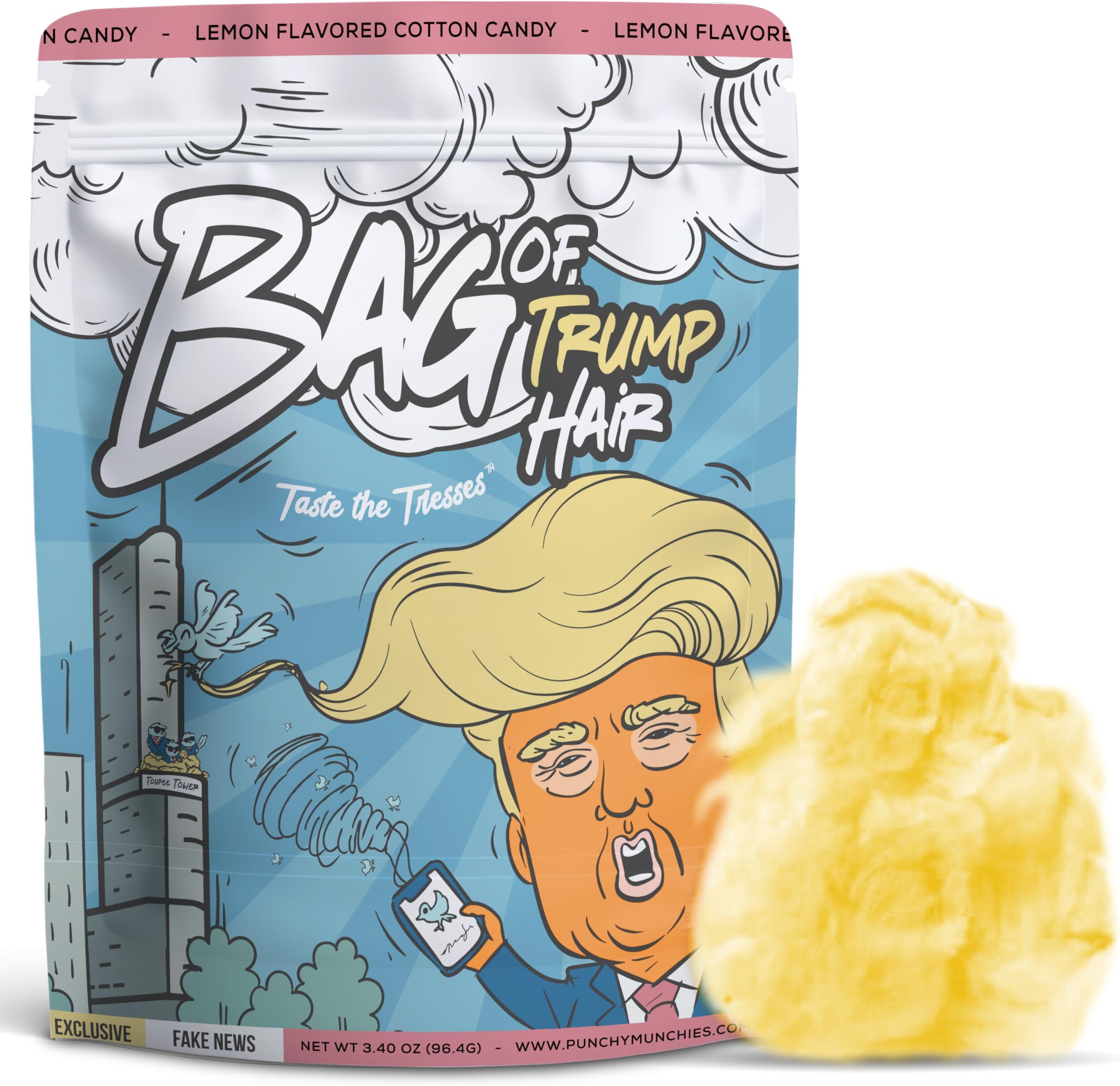 Punchy Munchies Bag of Trump Hair Cotton Candy - 3.4 oz Novelty Gag Gift for Kids, Teens - Funny Birthday Party Favor for Men, Women - White Elephant Idea for Coworkers