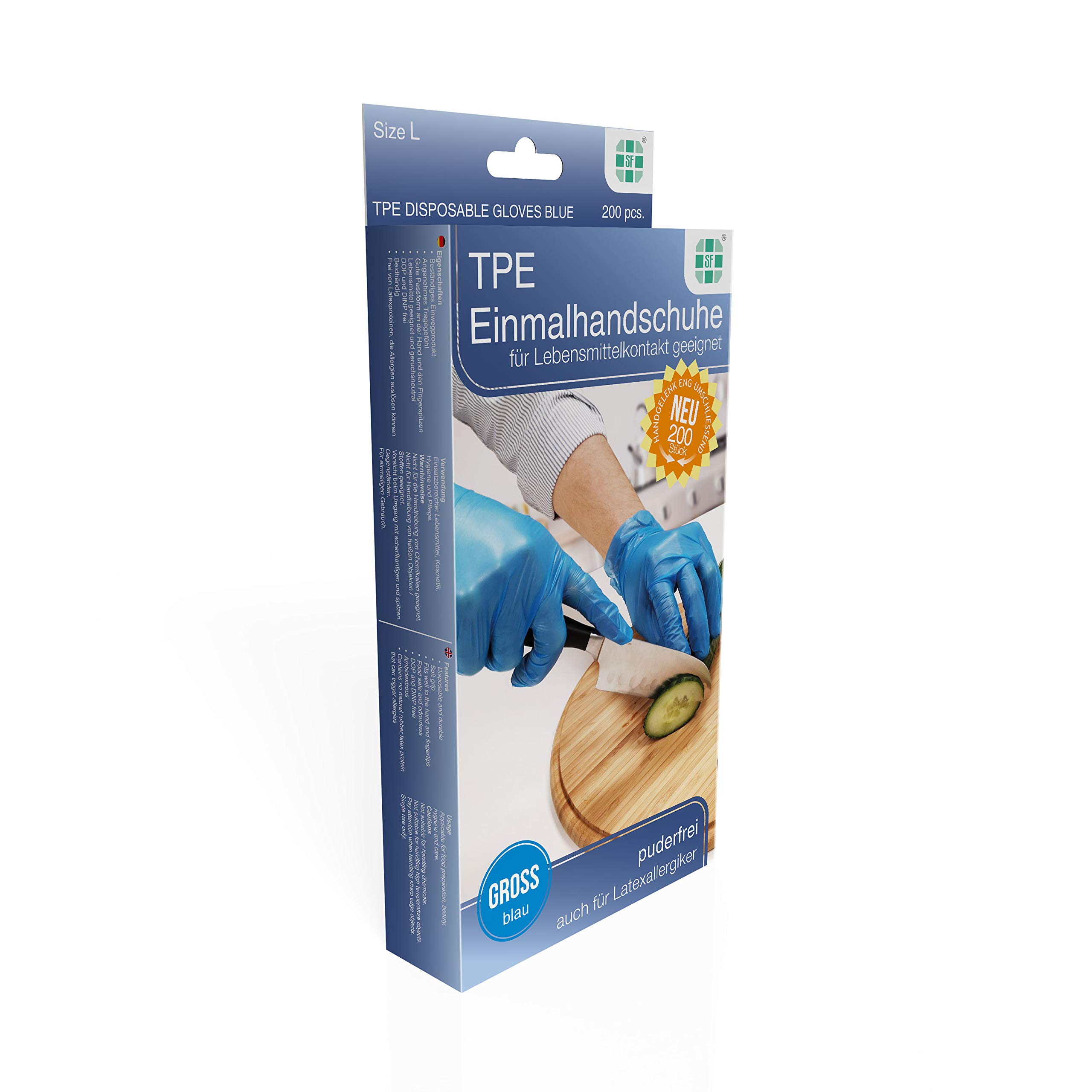 Guantes desechables de TPE sin polvo, color azul, talla l, 200 unidades por caja