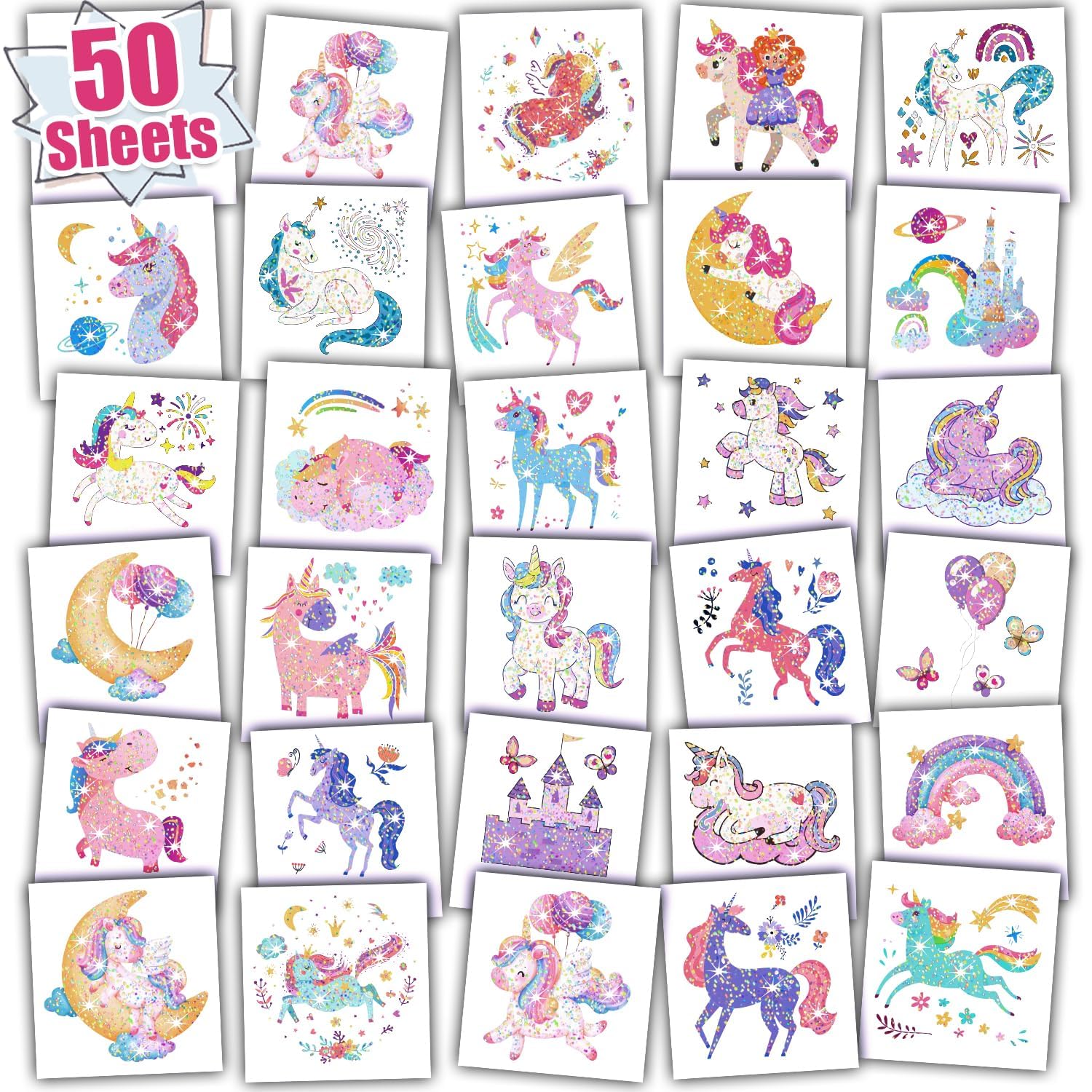 Leesgel Unicorns Glitter Tattoos for Girls, Individual 50 Sheets Unicorns Tattoo stickers, Temporary Tattoos for Girls Unicorns Party Bag Fillers, Unicorns Birthday Party Decorations Supplies Favours