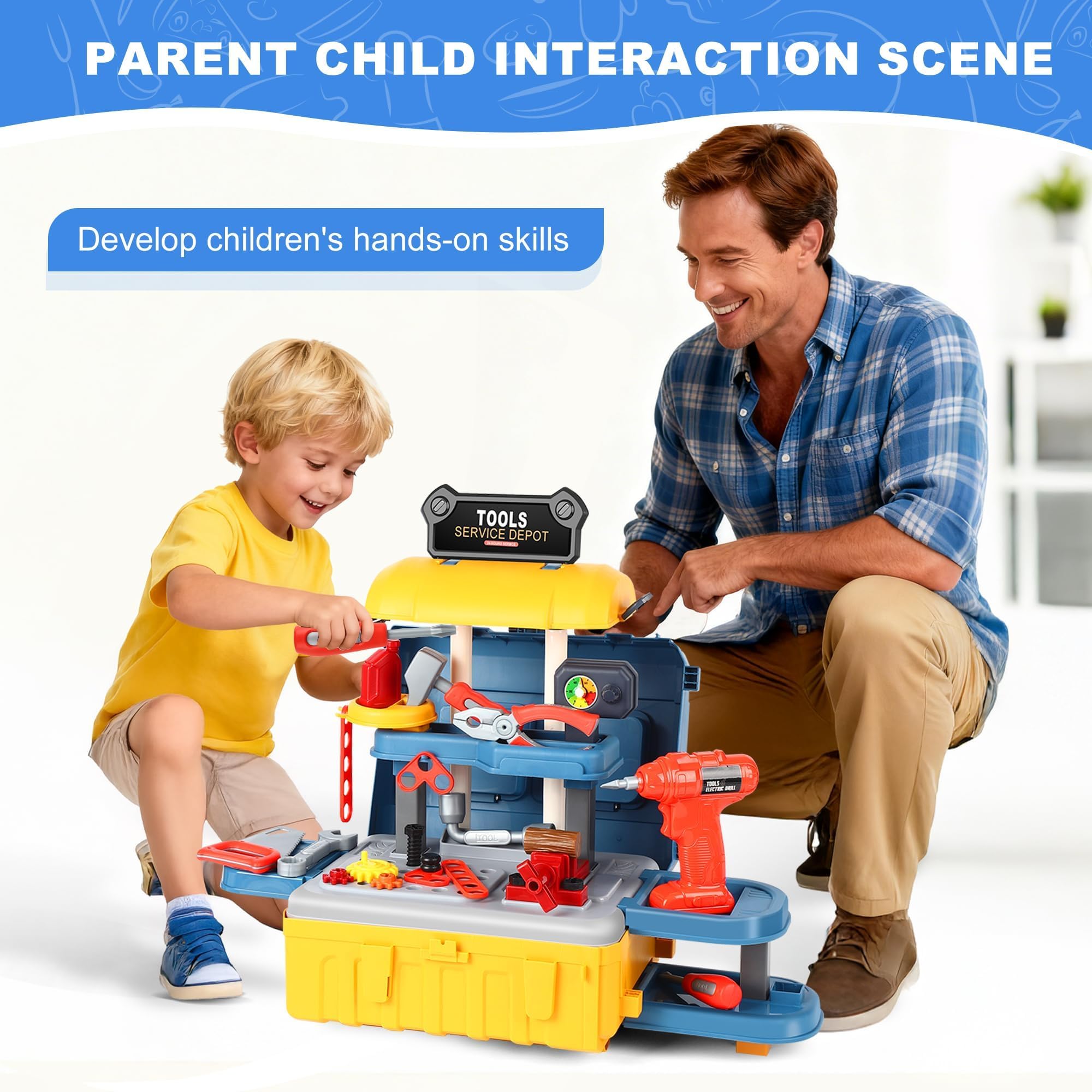 3 en 1 Outils et Etabli Werkzeugkoffer Kinder Werkzeug - 46 Pièces Etabli Enfant Spielzeug Boite Outils Jouet Bricolage Enfant mit Électrique Perceuse, Cadeau Noël pour Enfant 3 Ans+