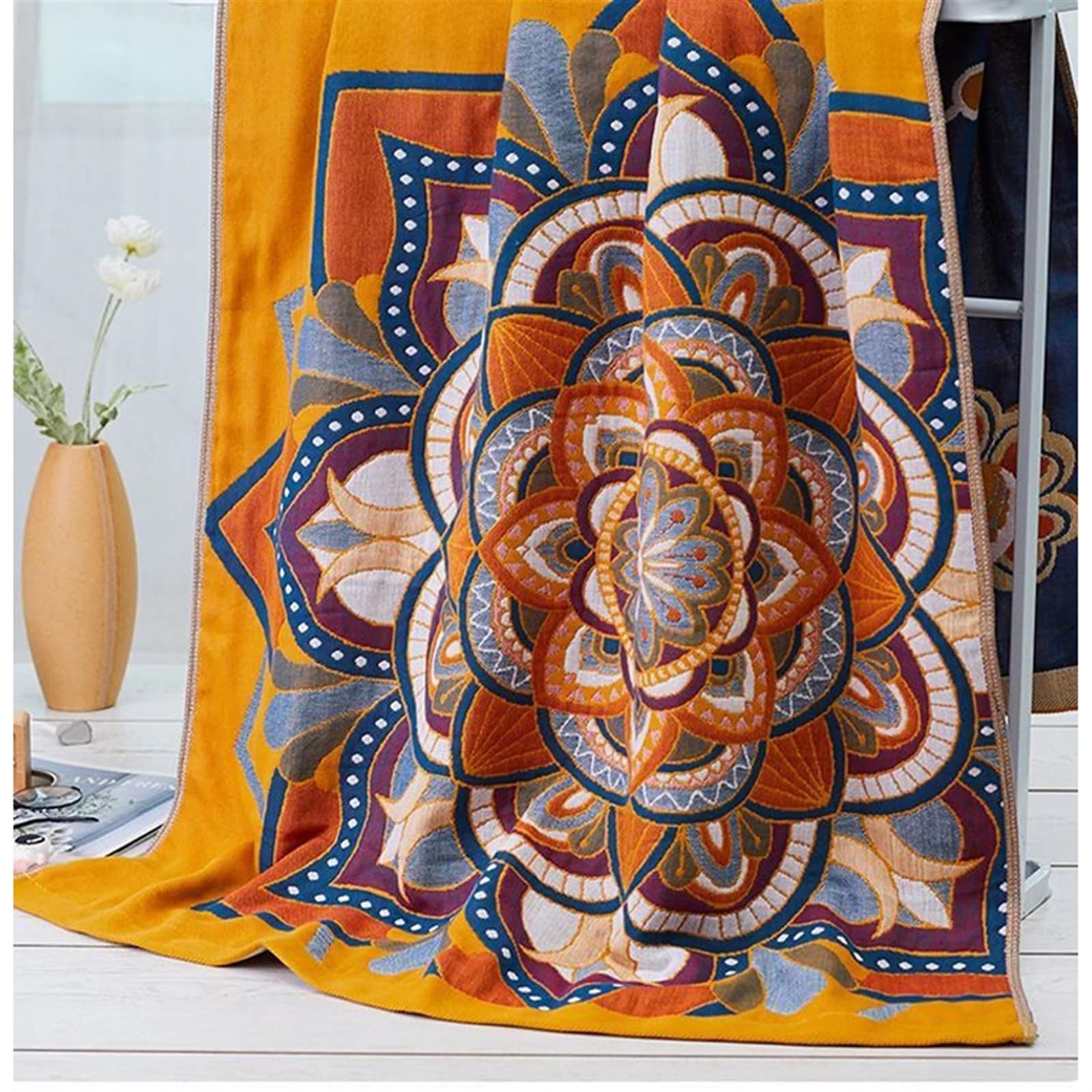 Boutis Koc polarowy rzut 4-warstwowy szyfonowy letni ręcznik, kołdra bawełniana, koc do drzemki, boho, mandala dla dorosłych i niemowląt, cienki, 160, miękki, lekki, rozmyty pluszowy, (kolor obrazu-7)