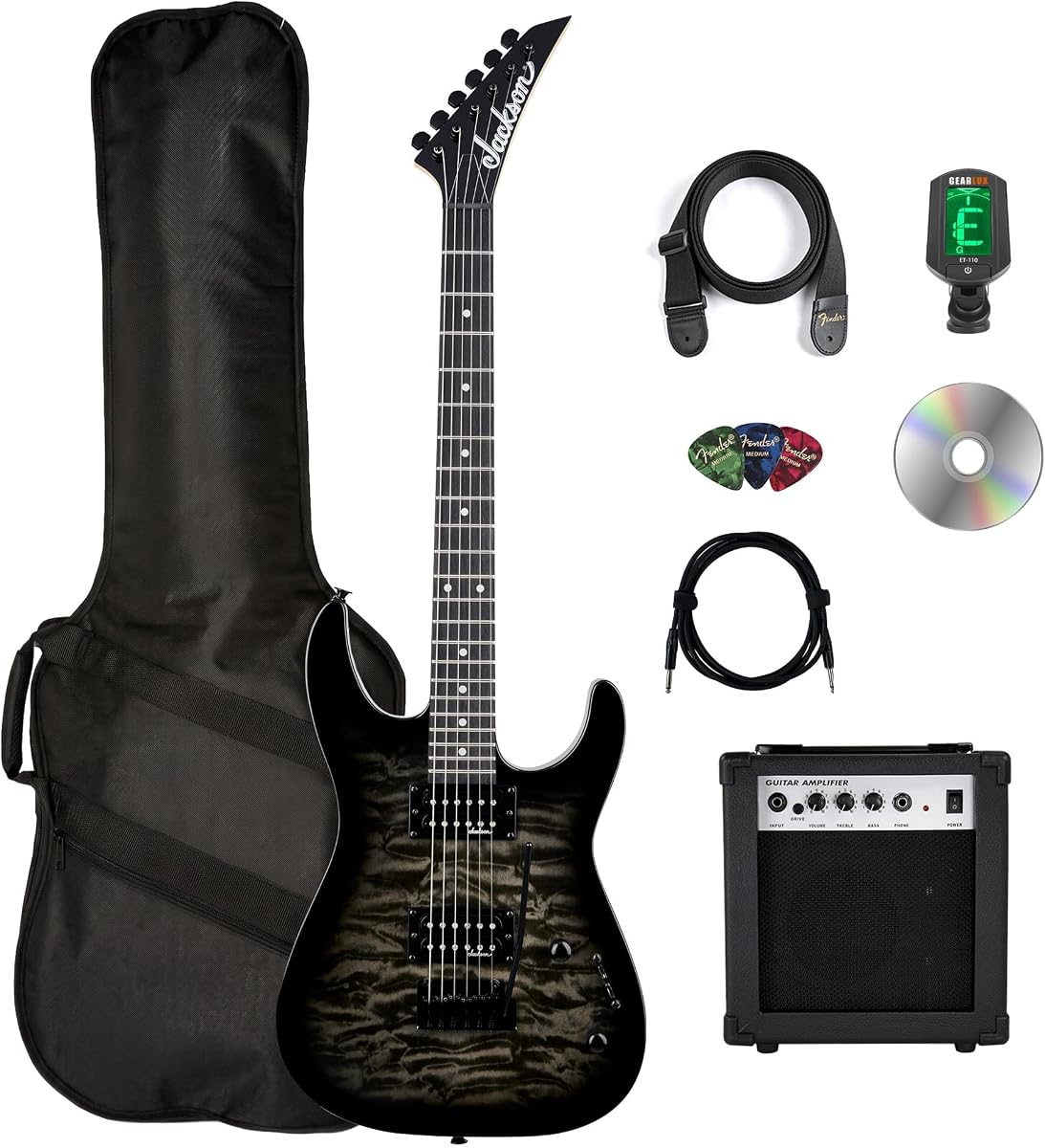 Guitarra eléctrica JS Series Dinky JS11Q - Paquete negro transparente con amplificador, bolsa de transporte, afinador, correa, cable, púas y DVD instructivo de Austin Bazaar