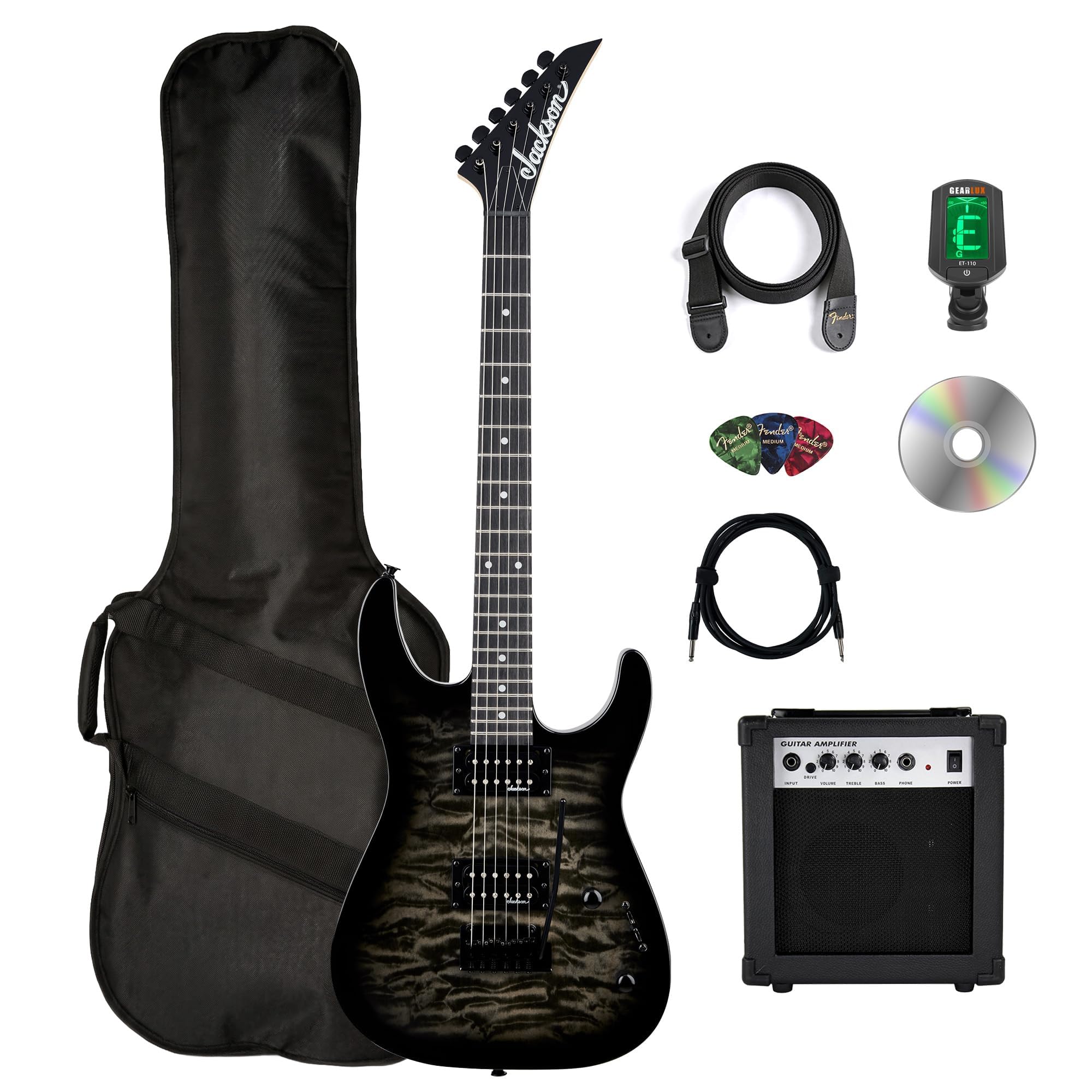 Jackson JS Series Dinky JS11Q Electric Guitar - Transparent Black Bundle with Amplifier, Gig Bag, Tuner, Strap, Cable, Picks, and Austin Bazaar Instructional DVD