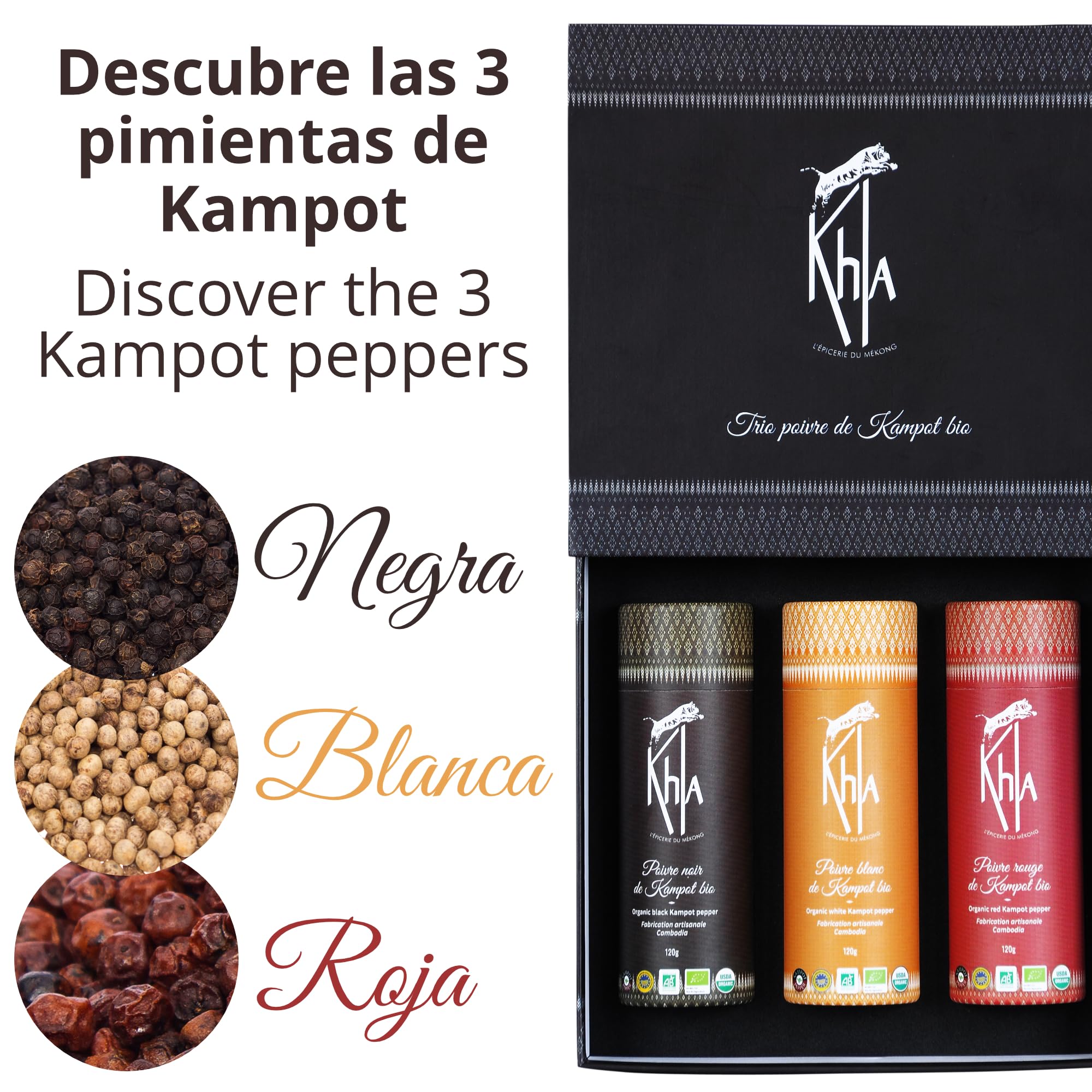 Khla - Set de 3 Pimientas de Kampot - Pimienta Negra, Blanca y Roja - 3 x 120g - Set Regalo Especias de Cocina - Pack Pimentas Gourmet - Regalo para Mujer, Hombre - Origen Camboya