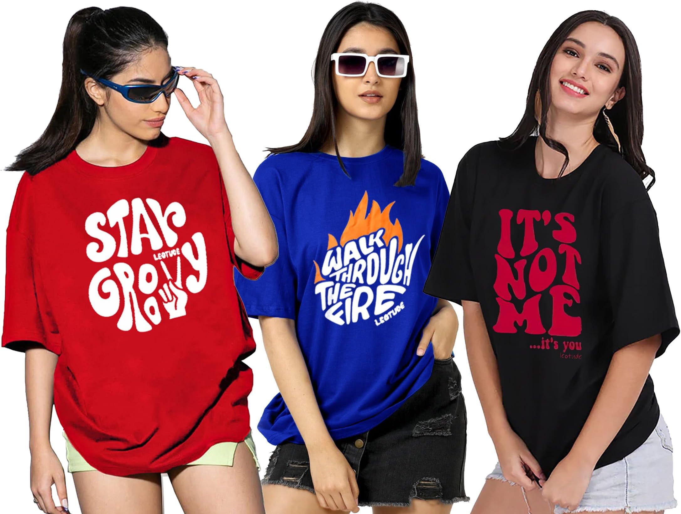Women's Cotton Regular Fit Half Sleeve Oversized Tshirt, Round Neck Longline Drop Shoulder | ful Printed Combo T-Shirt (Pack Of 3)