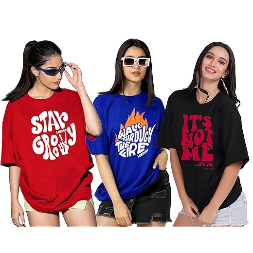 LEOTUDE Women's Cotton Regular Fit Half Sleeve Oversized Tshirt, Round Neck Longline Drop Shoulder | ful Printed Combo T-Shirt (Pack Of 3)