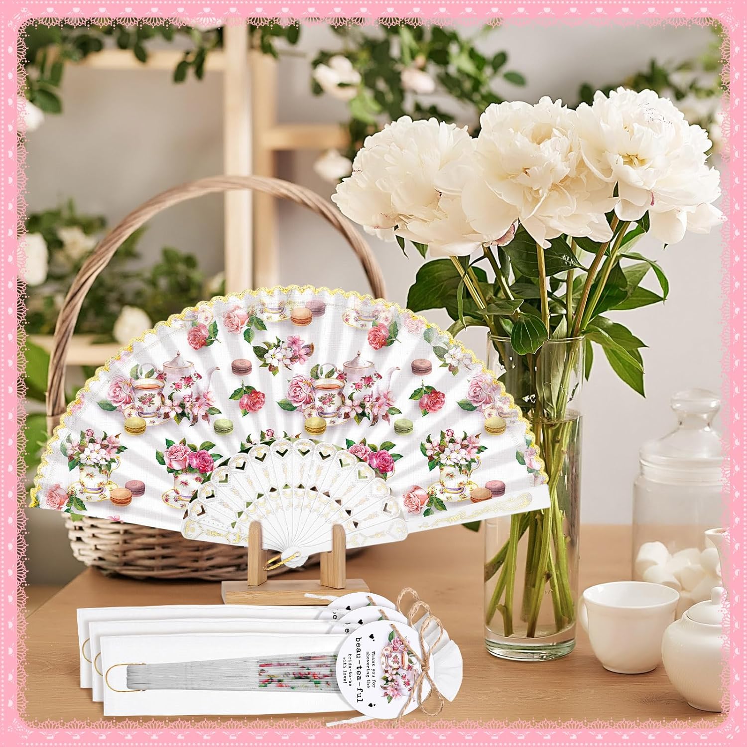 CroBlissful 25 Set Tea Party Bridal Shower Favors with Folding Hand Fans, Floral Lace Fans Bulk with Thank You Cards and Organza Bags, Tea Theme Wedding Shower Party Gifts