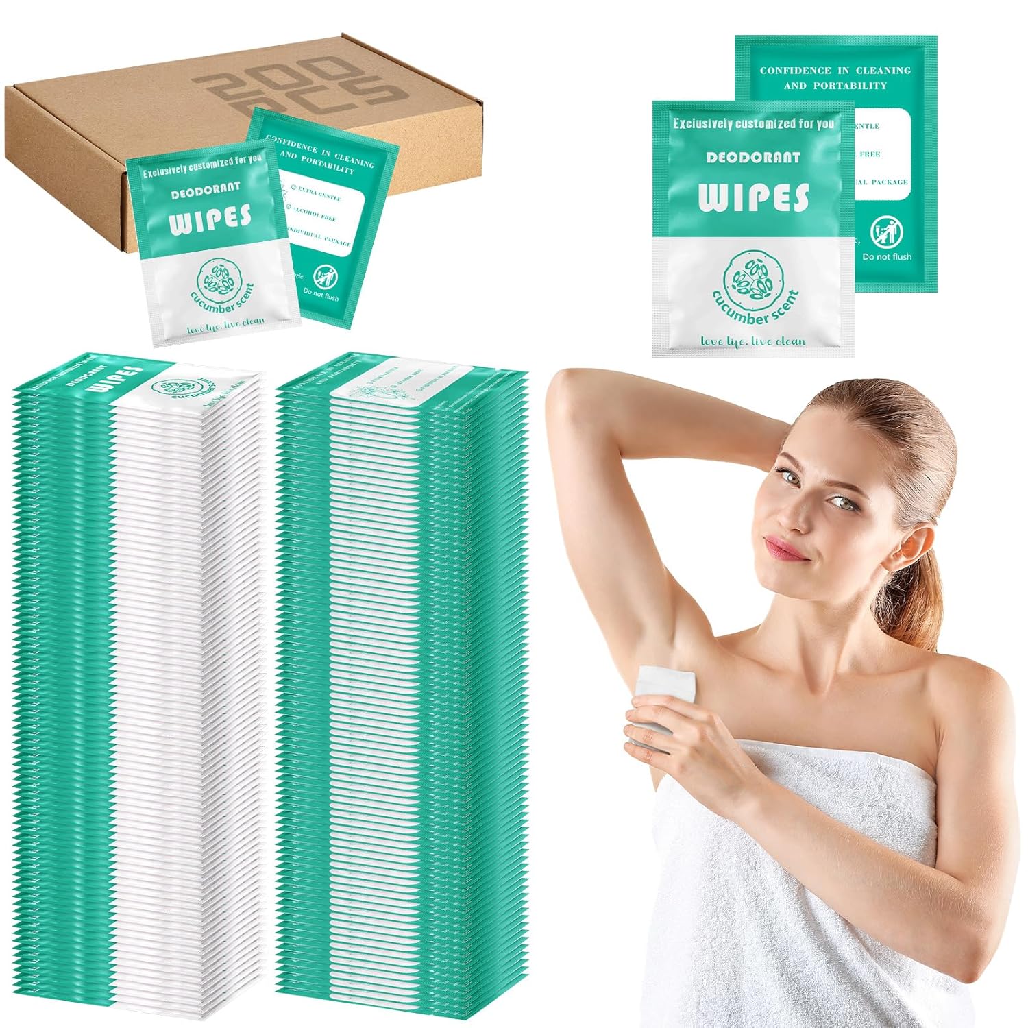 Timgle 200 Count Deodorant Wipes Bulk Individually Wrapped Travel Size Wipes for Men Women Body Underarm Deodorant Remove Sweat Sports Travel Clean Skin Daily Use Female Male(Green)