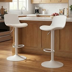 Kidol & Shellder White Bar Stools Set of 2 Adjustable Swivel Counter Height Stools with Back Modern Armless Faux Leather Padded Bar Chairs for Breakfast Kitchen Island