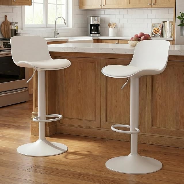 Kidol & Shellder White Bar Stools Set of 2 Adjustable Swivel Counter Height Stools with Back Modern Armless Faux Leather Padded Bar Chairs for Breakfast Kitchen Island