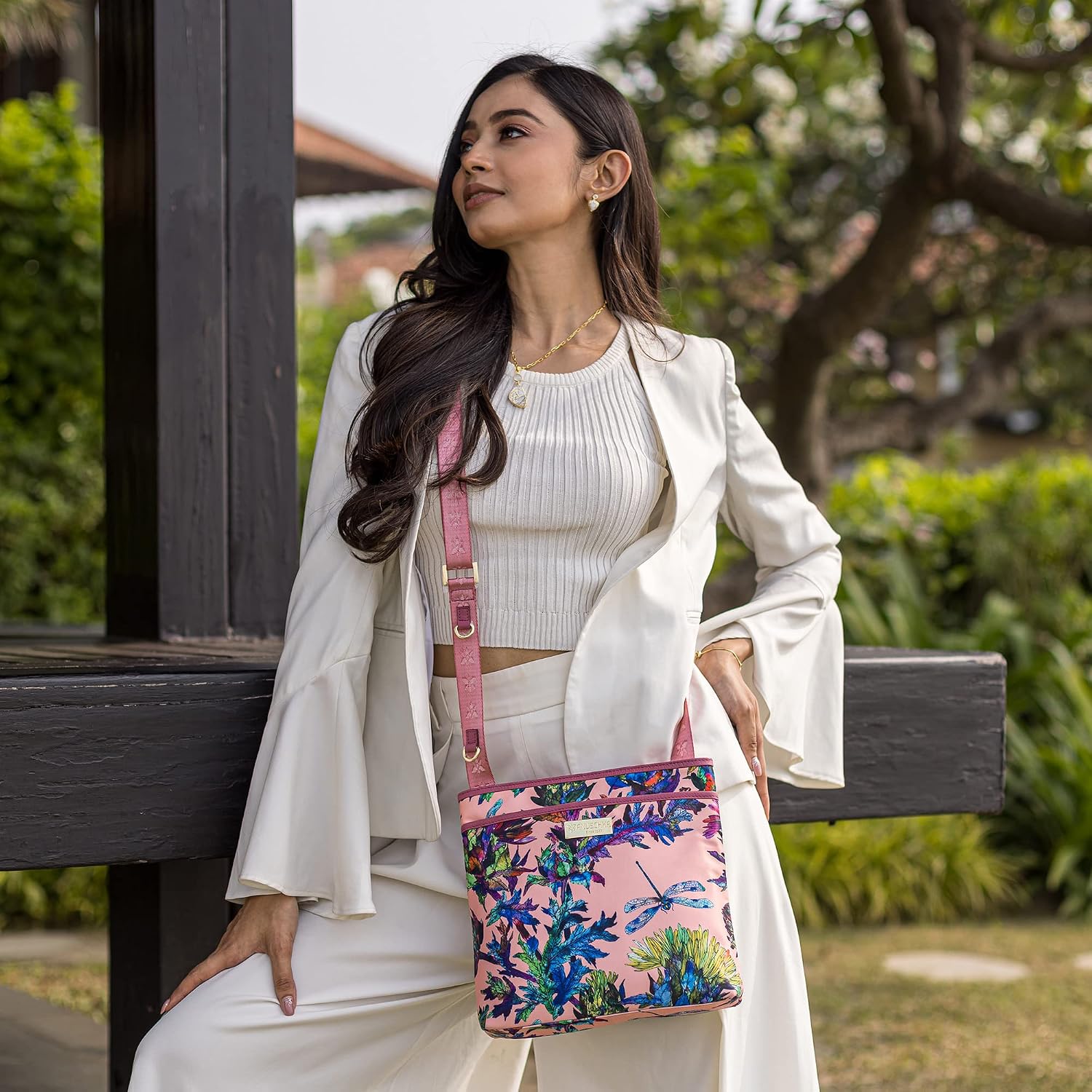 Anuschka Crossbody with Slip Pocket - Wanderlust Collection - Nylon Fabric with Genuine Leather Trim and Artwork Print