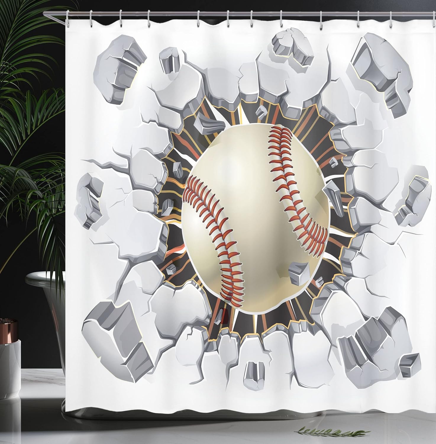 Ambesonne Sports Shower Curtain, Baseball and Old Plaster Concrete Wall Damage Illustration Competition, Cloth Fabric Bathroom Decor Set with Hooks, 69" W x 84" L, Ivory Pale Grey Orange