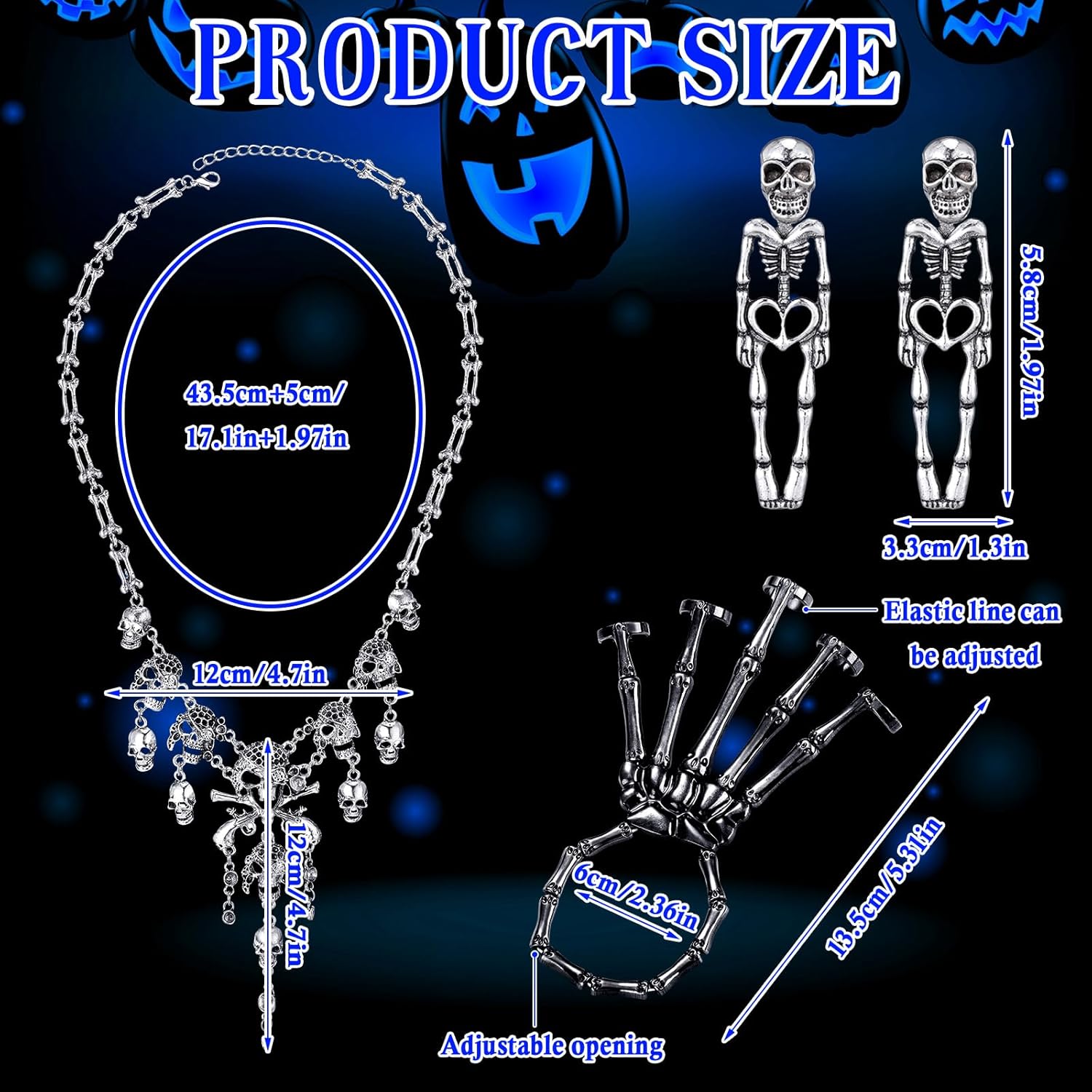 Inbagi 3 Pcs Halloween Skeleton Jewelry for Women Halloween Skeleton Necklace Bracelet Adjustable Skull Fingers Wristband Spooky Skull Skeleton Dangle Earrings for Women - Image 3