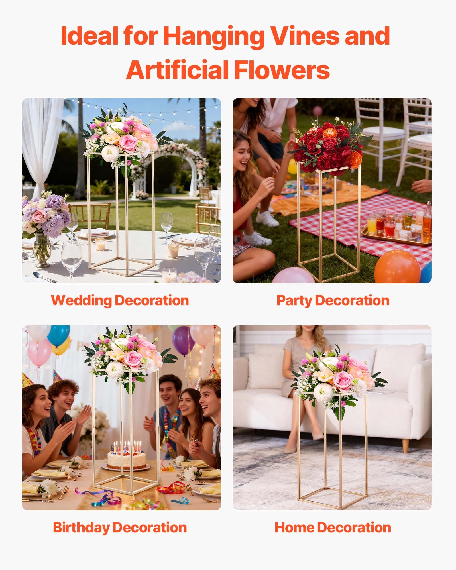 VEVOR Support Fleur Mariage Colonne Lot de 10 Support Fleur Centre de Table Mariage 60 cm Présentoir Floral Rectangulaire pour Fêtes, Anniversaires, Décoration Intérieure, avec Vis Dissimulées, Doré