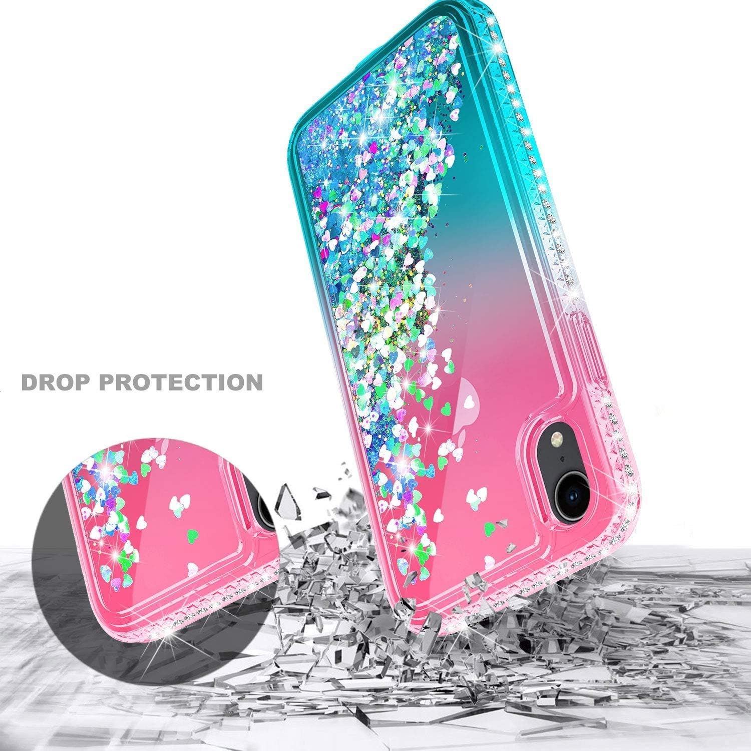 E-Began Case for iPhone XR (6.1 inch 2018 Release) with Tempered Glass Screen Protector, Glitter Liquid Floating Gradient Quicksand w/Sparkling Bling Diamond, Durable Girls Women Cute Case (Pink/Aqua)