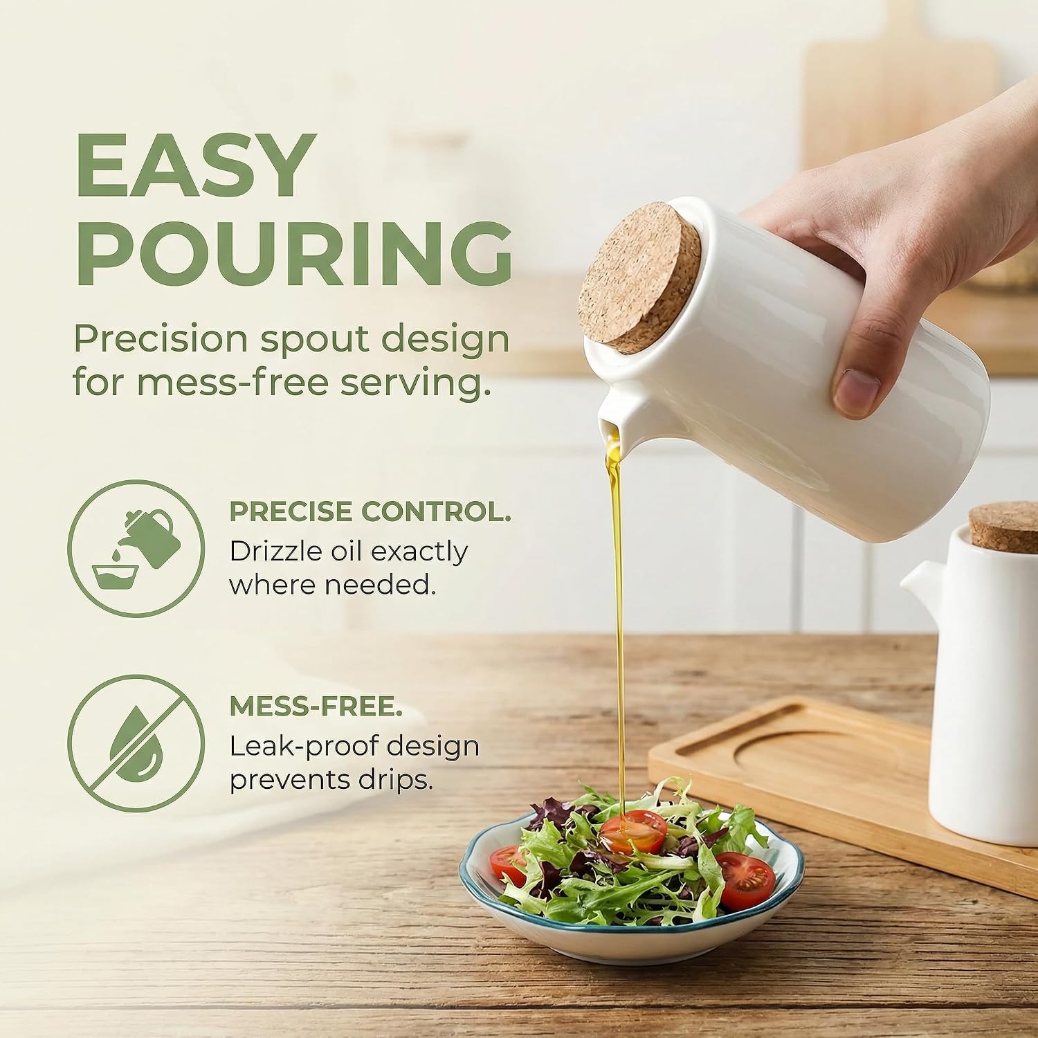 DOITOOL Oil and Vinegar Dispenser Bottle Set, White Ceramic Olive Oil or Soy Sauce Dispenser Set for Kitchen, Procelain Oil Dispenser Cruet, Ceramic Liquid Condiment Dispenser of 2 with Tray