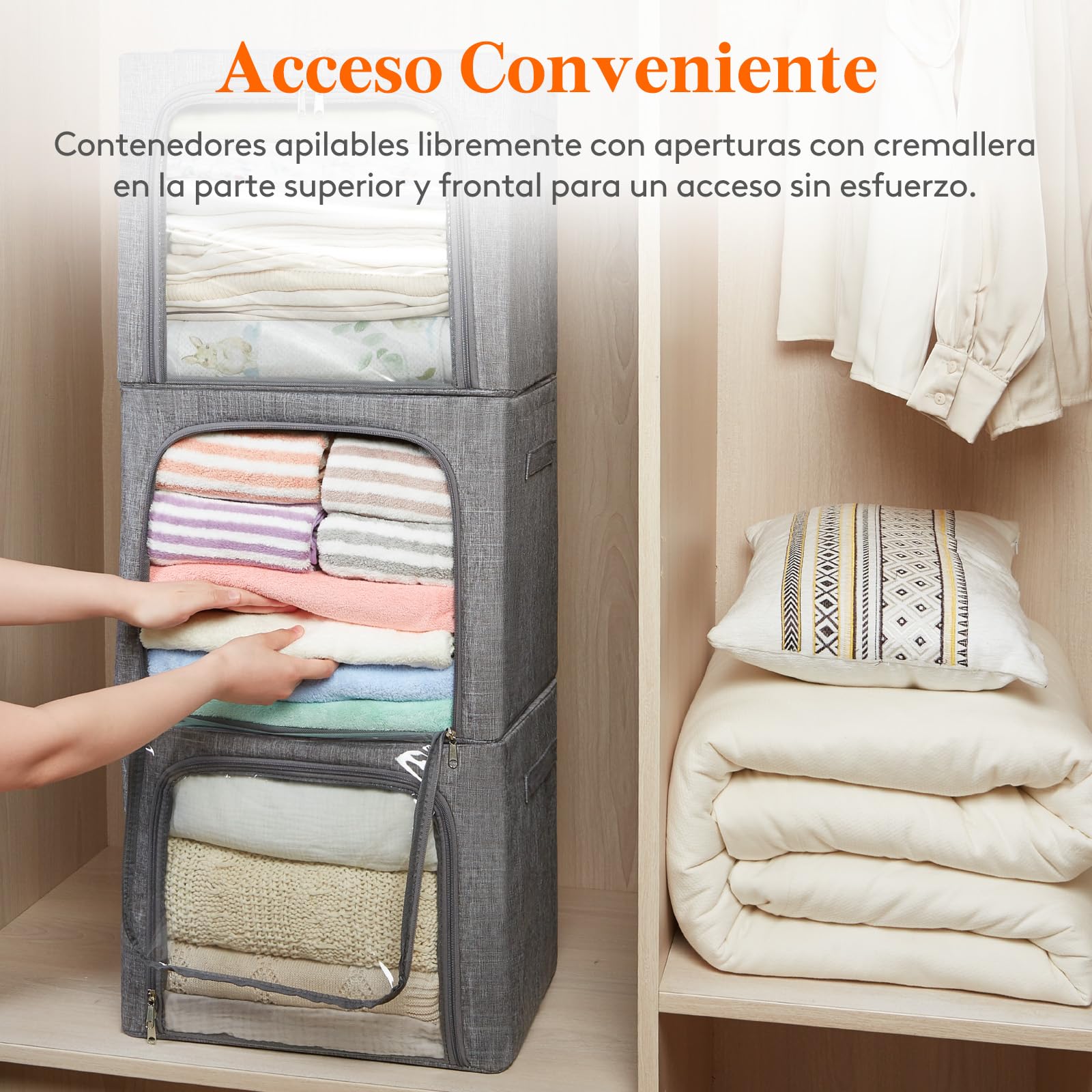Lifewit 3 Piezas Cajas Almacenaje Ropa con Marco de Metal, Organizador Armario Apilable, Bolsas Almacenaje Ropa, Bolsas Para Guardar Ropa, Edredones, Colchas, Gris Claro, 40L