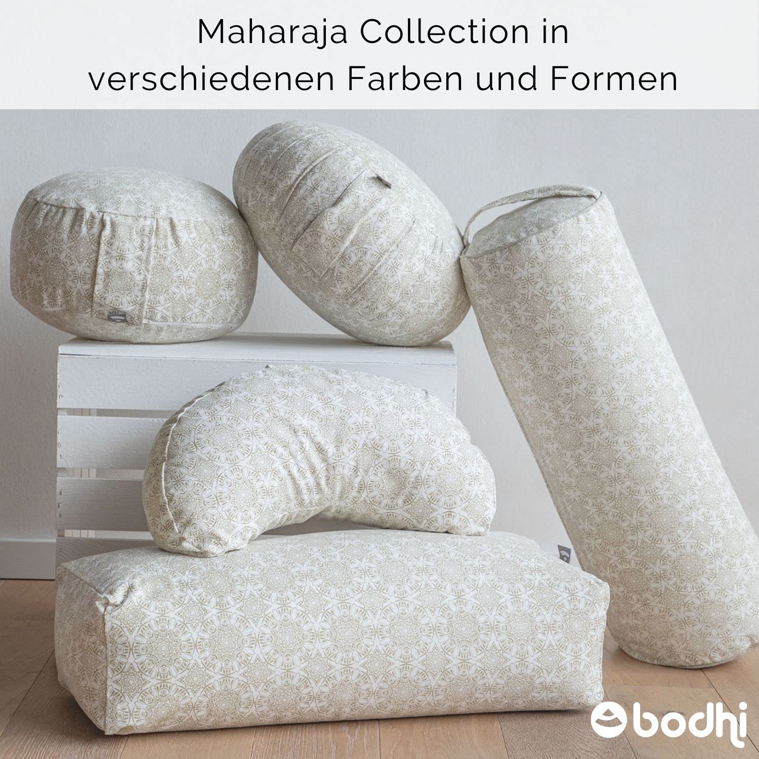 Cuscino per meditazione Zafu "Maharaja Collection" coperta in cotone (corpo) non sfoderabile, imbottitura di farro, 28 x 17 cm, cuscino con pieghe per meditazione seduta.