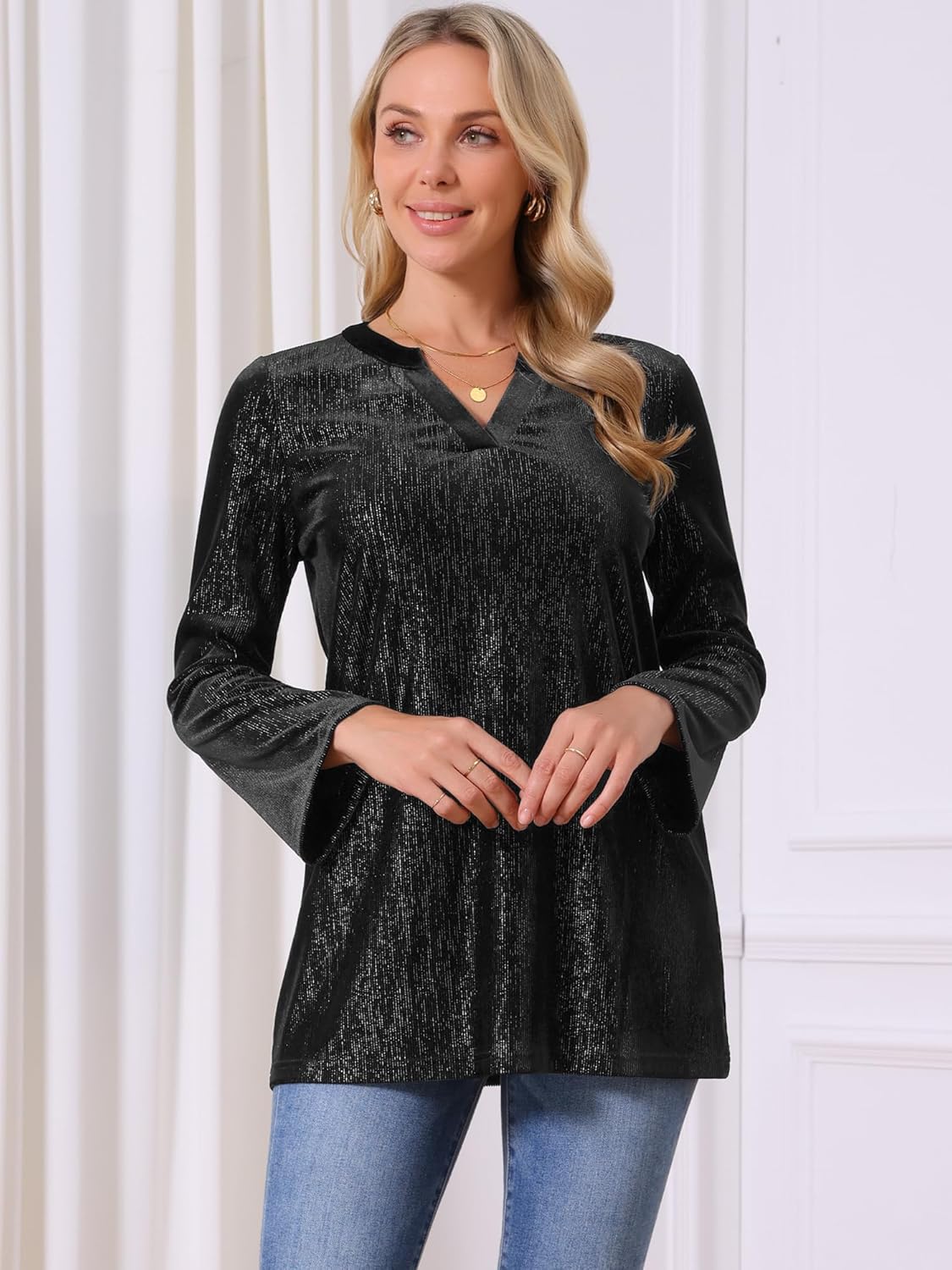 Seta T Women's Glitter Velvet Top V Neck Long Sleeves Sparkle Tunic Velour Blouse Loose Party Shirt - Image 6