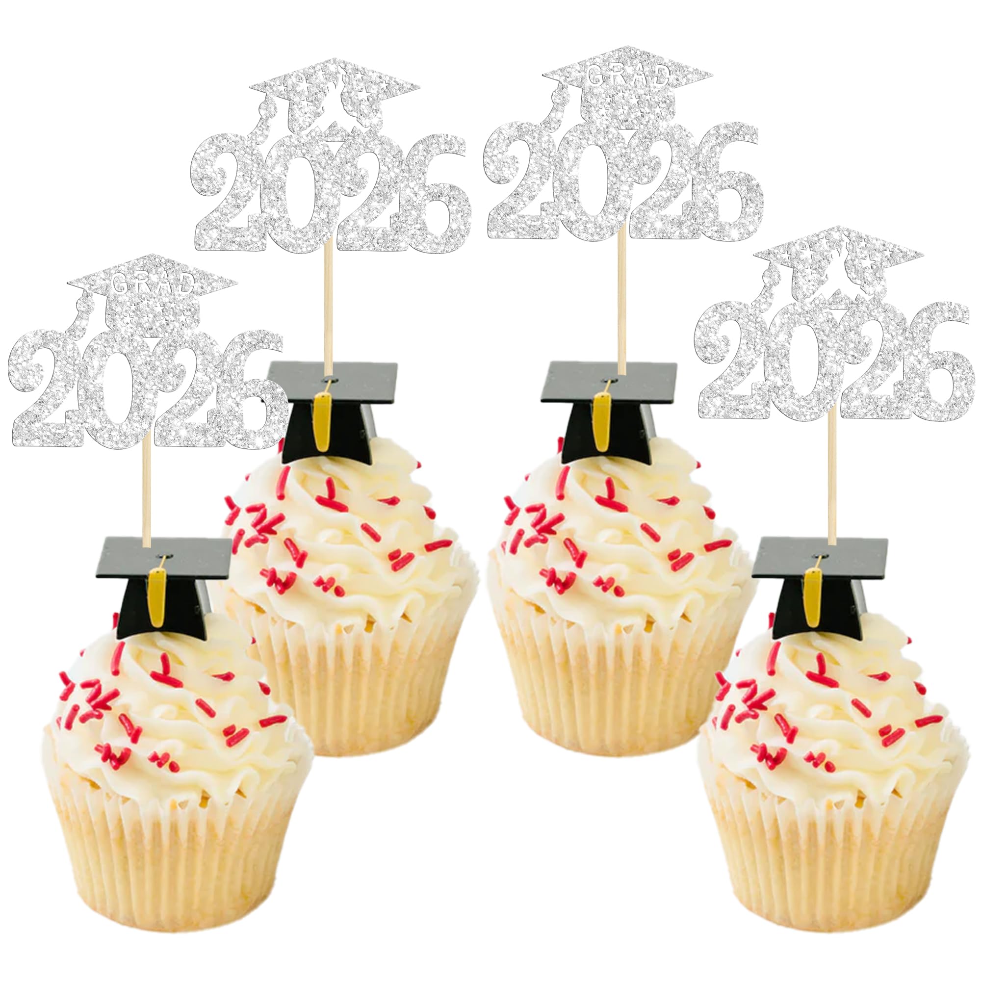 Gyufise 24Pcs 2026 Graduation Cap Cupcake Toppers Glitter Class of 2026 Cupcake Picks Congrats Grad Diploma Cap Cupcake Picks for 2026 Graduation Theme Party Cake Decorations Supplies Silver
